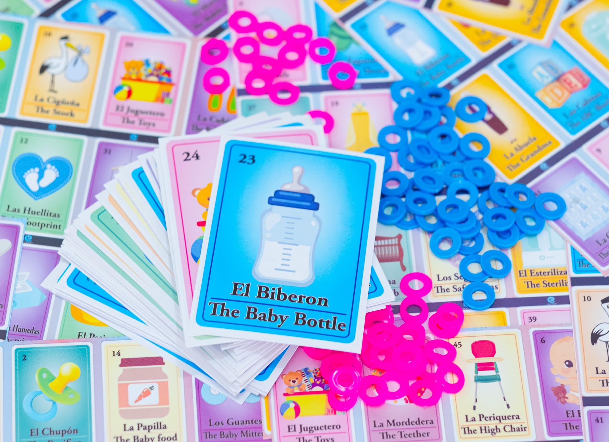 Baby Shower Bingo Game Set - Bilingual English & Spanish for 10 Players - Includes 1 Card Deck & 10 Boards - Family Fun Game - Learn Spanish While Playing - Perfect for Baby Showers, Birthday Parties & Family Game Nights