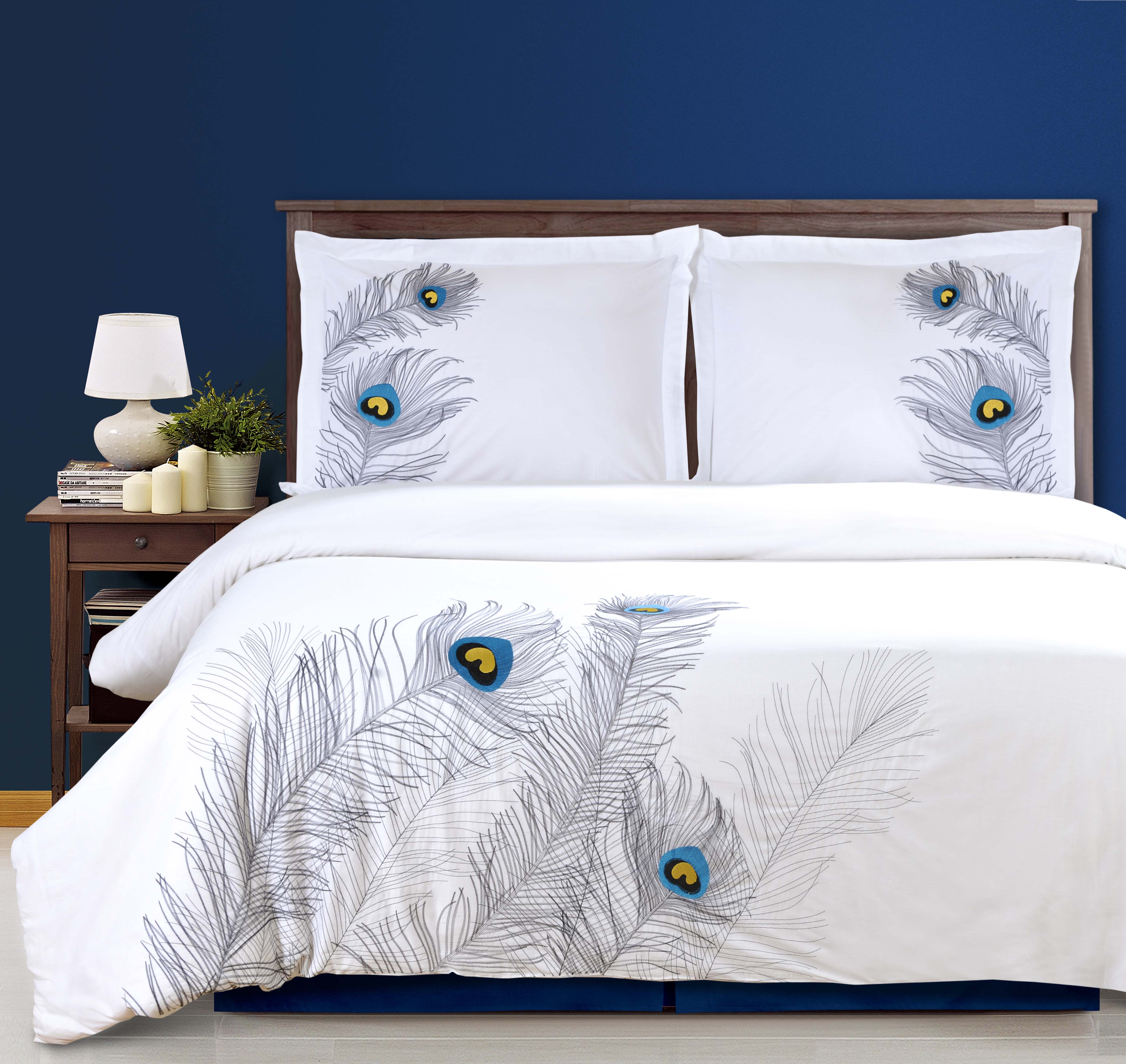 Peacock Cotton Embroidered Duvet Cover Set - King Size 3-Piece Bedding Set with Pillowcases, Soft Breathable Luxury Bedding for Master Bedroom, Guest Room & Dorm Decor