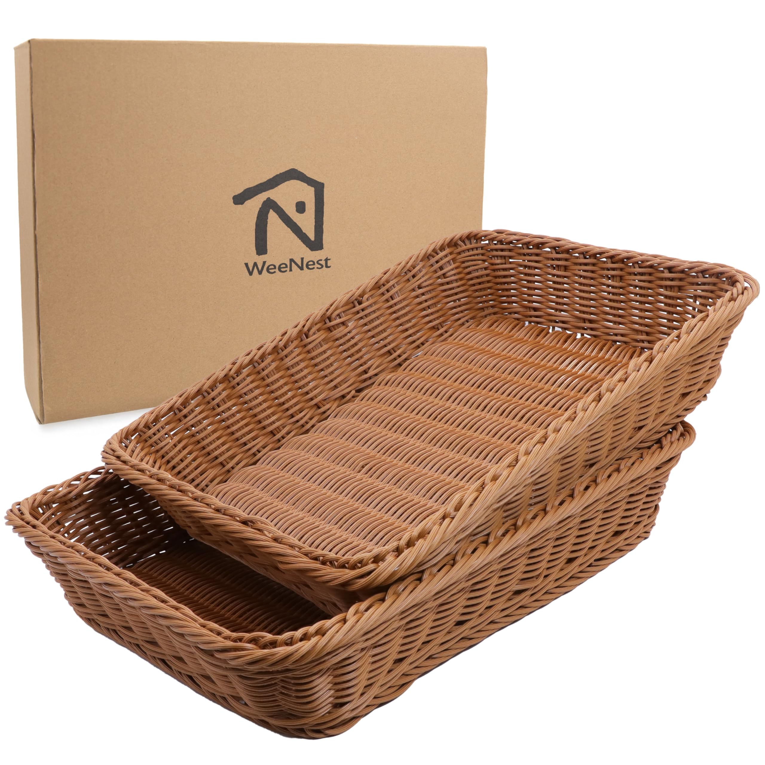Natural Woven Wicker Bread Basket Set of 2 - Rectangular Resin Serving Tray for Kitchen, Fruits, Pastries & Entertaining | Light Brown Rustic Home Decor for Dining Table, Picnics & Gift Giving