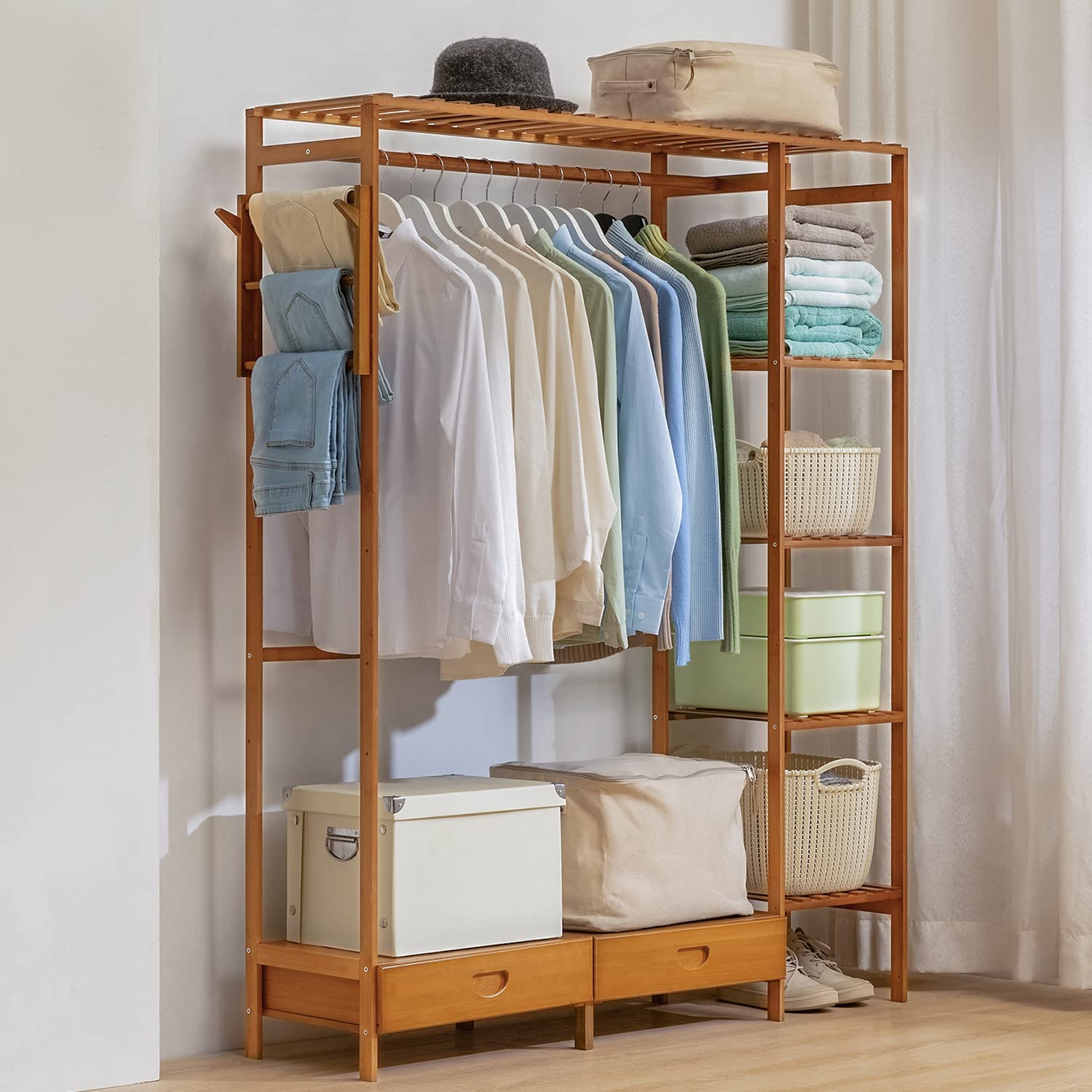 MoNiBloom Bamboo Clothes Rack - Freestanding Wardrobe Organizer with 2 Drawers & Hanging Rod, 5-Tier Storage Shelves for Bedroom, Living Room, Closet - Space Saving Brown Wooden Garment Rack (Perfect for Small Apartments, Dorm Rooms & Home Organization)
