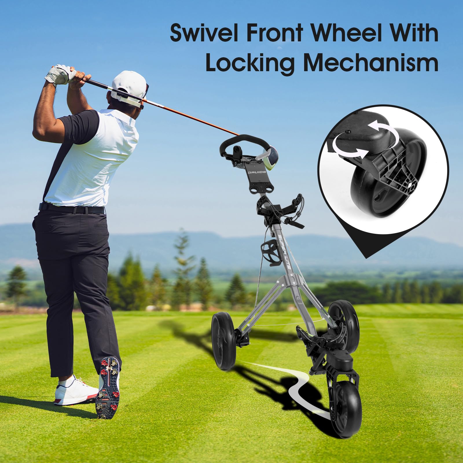 DRUIDS Golf 360 Push Cart - Lightweight 3-Wheel Swivel Golf Push Cart with Brake, Umbrella Holder & Foldable Design | Portable Walking Golf Caddy for Men & Women | Perfect for Course Walking, Practice Rounds & Senior Golfers