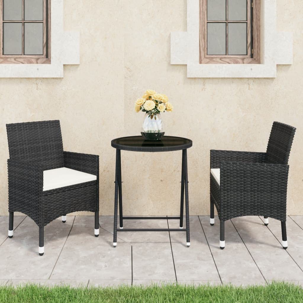 3 Piece Outdoor Patio Bistro Set - Black Poly Rattan with Tempered Glass - Perfect for Garden, Lawn, Backyard & Poolside Dining | Durable Weather-Resistant Patio Furniture for Outdoor Entertaining and Relaxation