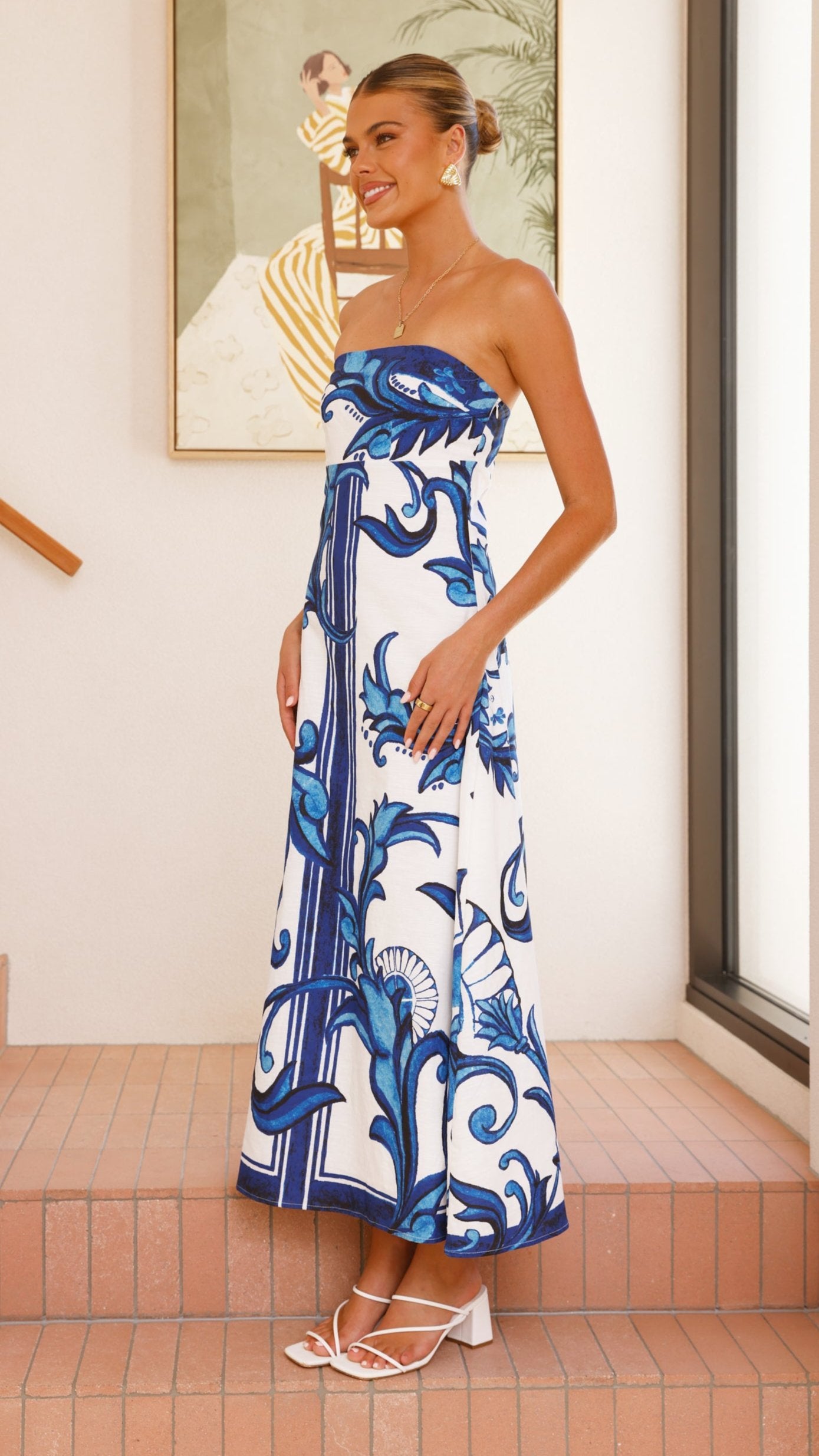 Madra Maxi Dress for Women - Elegant Sapphire & White Zayna Pattern - Perfect for Beach Vacations, Summer Parties & Boho Fashion