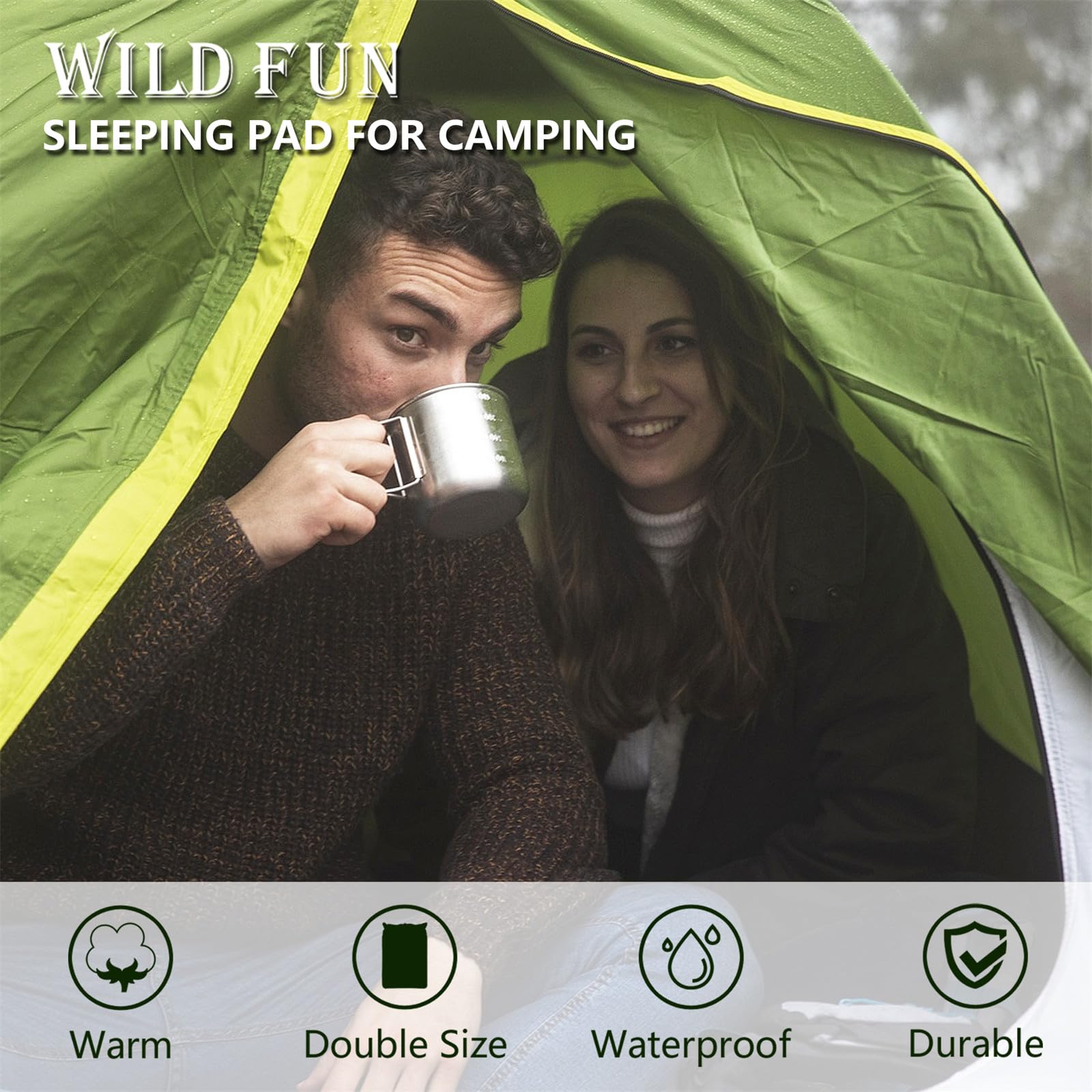 WILD FUN Double Sleeping Pad - 2in Thick 2-Person Camping Mattress with Pillow, 5R Suede Insulated Self-Inflating Air Mattress for Backpacking, Hiking & Outdoor Adventures (Deep Green) - Perfect for Couples Camping, RV Trips & Backcountry Exploration