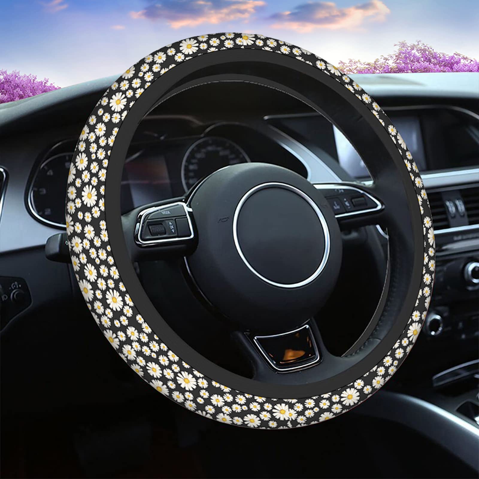Swono Daisy Flower Steering Wheel Cover - Non-Slip Neoprene Car Wrap (15 Inch) | White & Black Ditsy Floral Design for Comfort Grip | Perfect for Summer Road Trips & Daily Commutes
