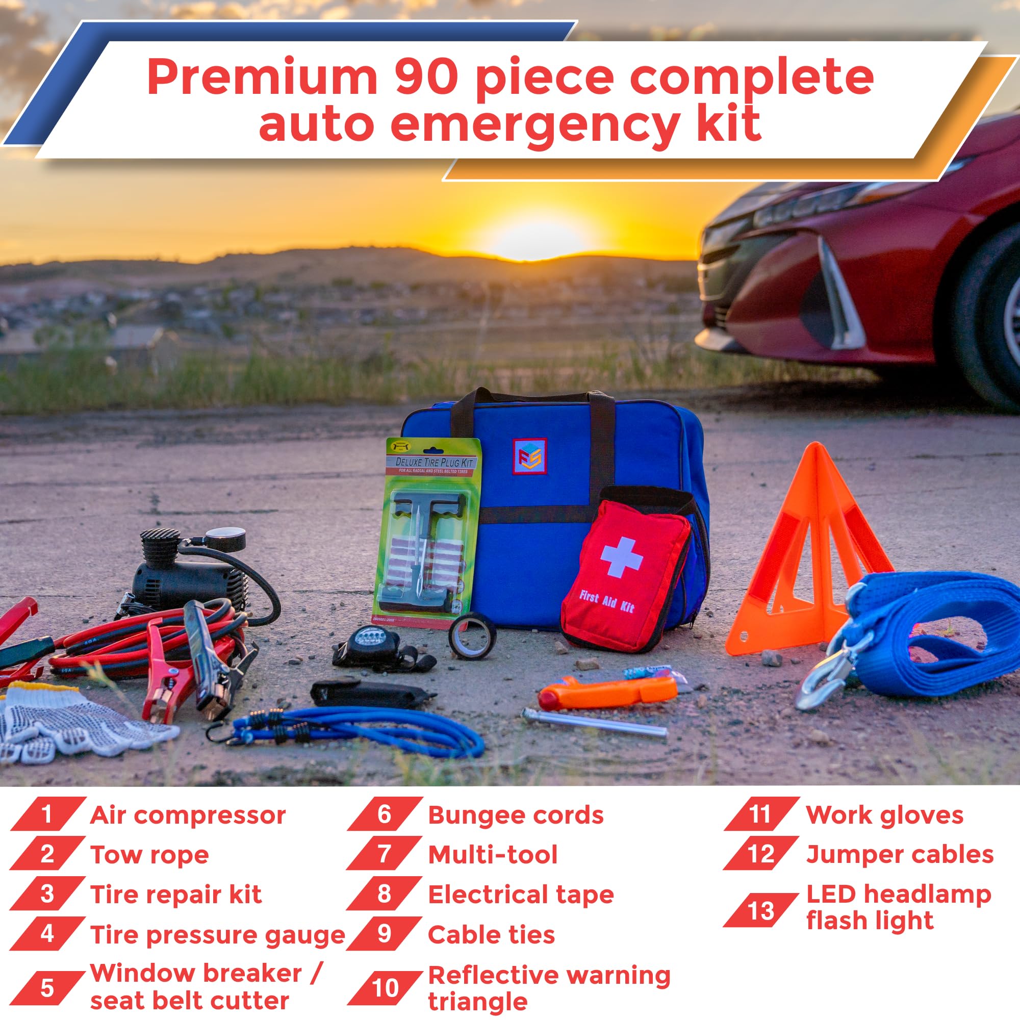90-Piece Car Emergency Roadside Kit Tool Set with Safety Essentials for Women & Men - Essential Safety & Survival Assistance Kit for Travel, Camping, Road Trips, Trucks & SUVs | Perfect for Roadside Emergencies, Vehicle Breakdowns & Outdoor Adventures