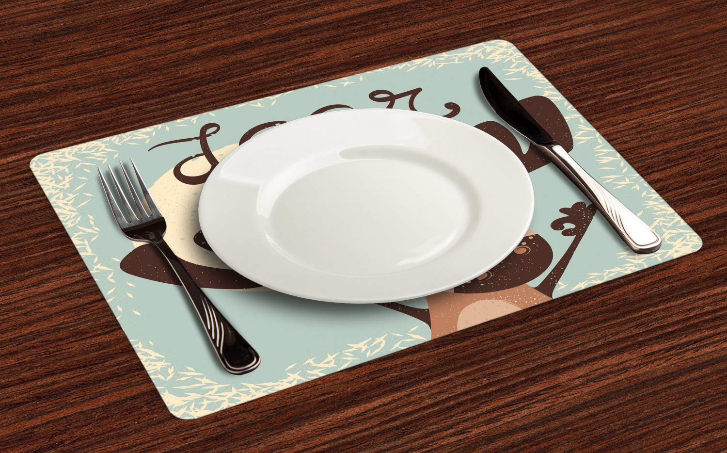 Ambesonne 4-Piece Deer Hunting Placemats Set - Cute Cartoon Reindeer & Singing Bird Design - Washable Fabric Table Mats for Dining Room & Kitchen Decor in Pale Seafoam Brown & Rust - Perfect for Holiday Dinners, Thanksgiving Decor & Rustic Home Styling