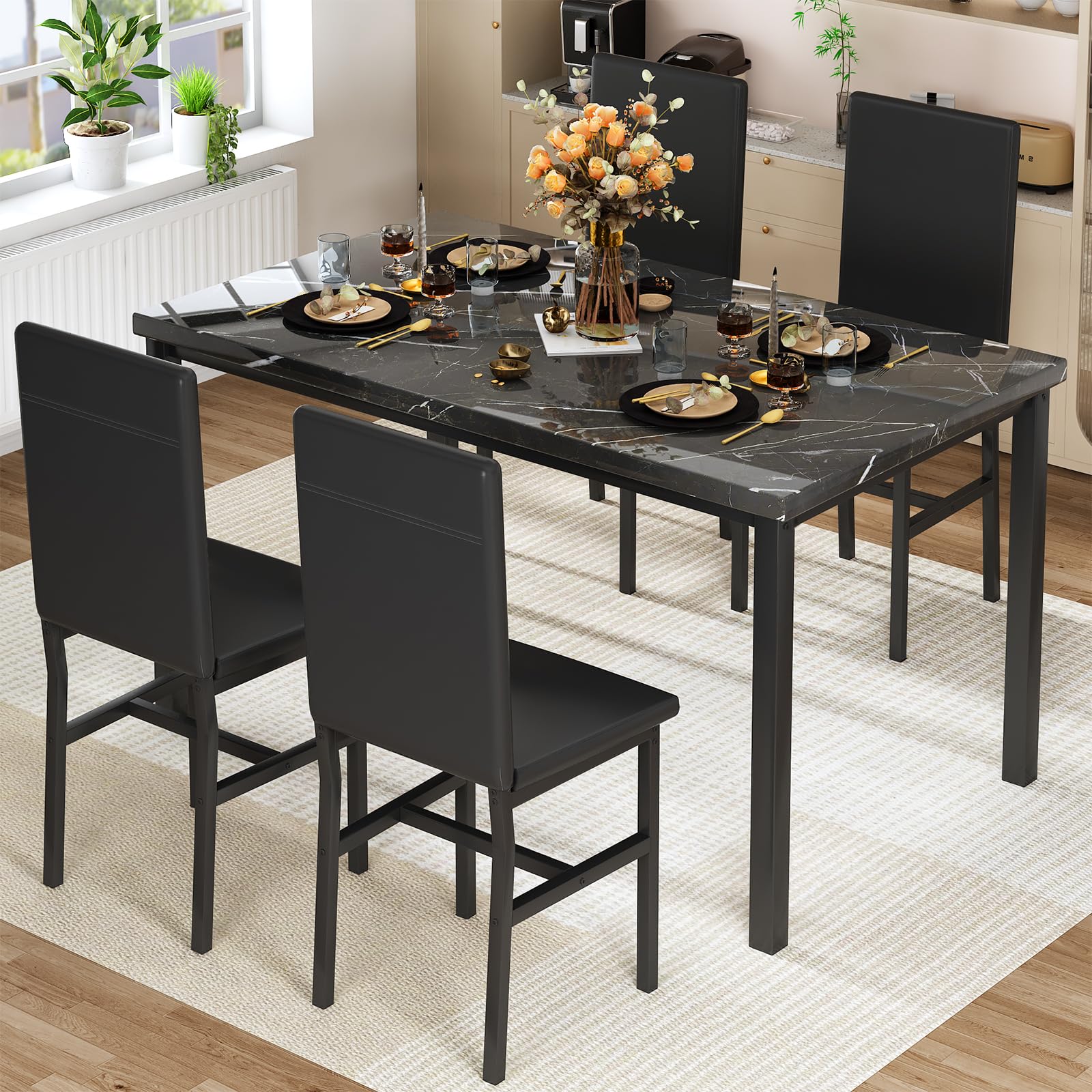Modern 5-Piece Dining Table Set for 4 - Faux Marble Table & 4 PU Leather Chairs - Space-Saving Kitchen/Dining Room Set for Small Spaces, Apartments, Dinettes - Perfect for Family Meals, Dinner Parties & Compact Living (Black)
