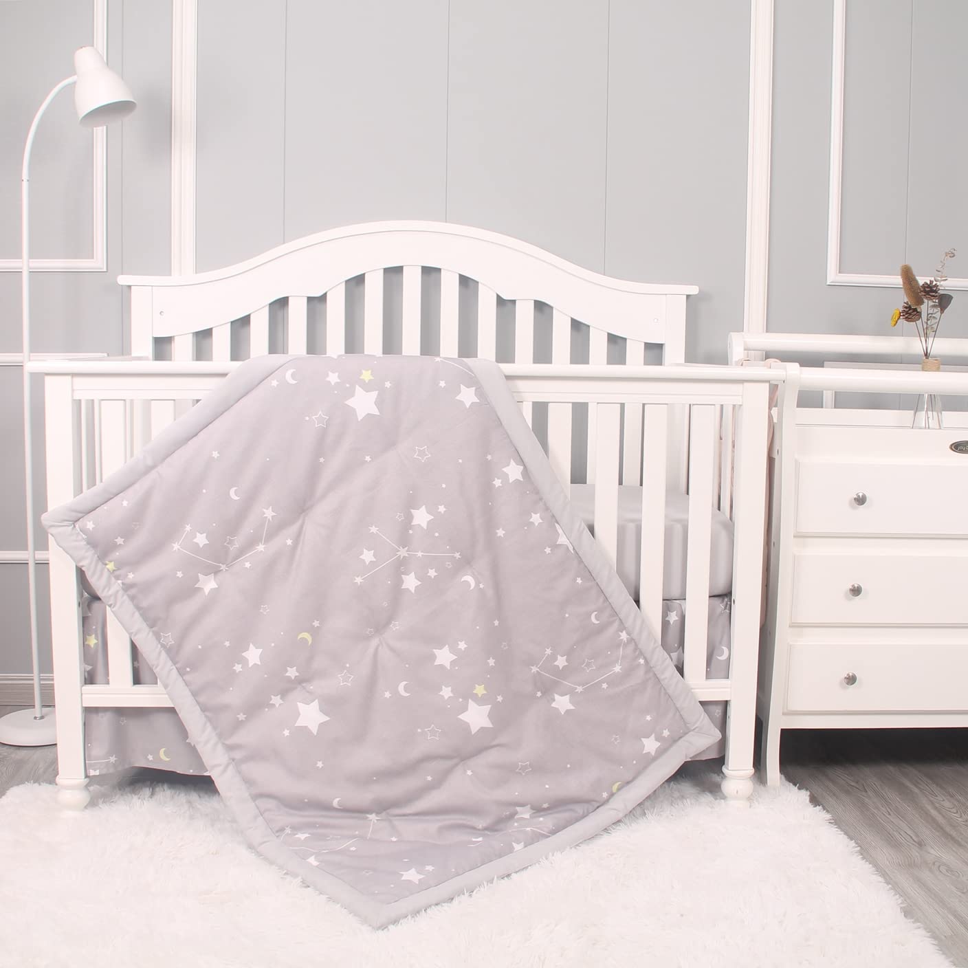 Belsden 3-Piece Baby Crib Bedding Set for Boys & Girls - Ultra Soft Nursery Bedding with Comforter, Fitted Crib Sheet & Crib Skirt - Star Light Grey - Perfect for Newborns, Infant Rooms & Baby Showers