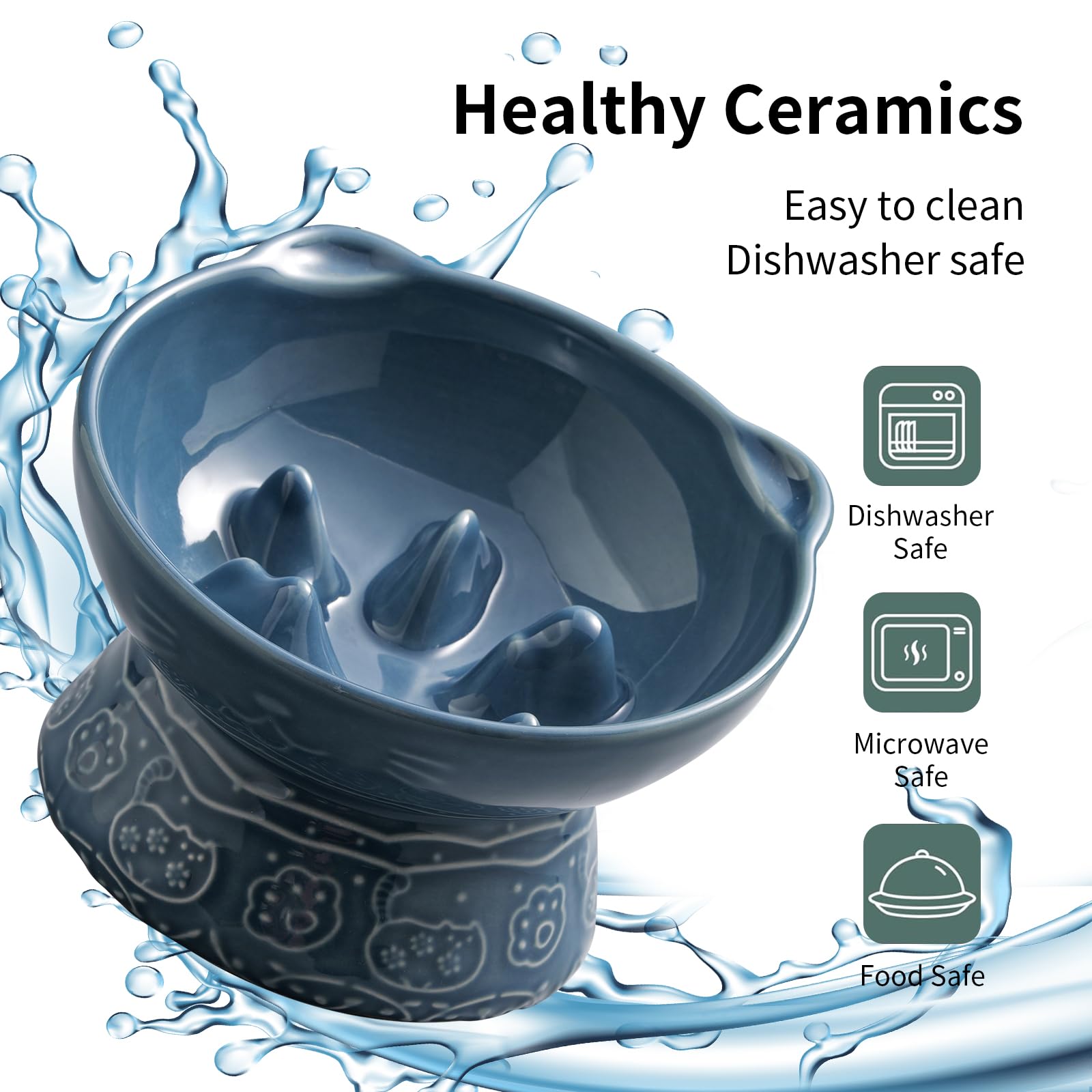 Ceramic Cat Slow Feeder Bowl - Elevated Tilted Design for Healthy Eating, Prevents Black Chin in Cats & Dogs - Perfect for Dry and Wet Food (Blue) - Ideal for Fast Eaters & Digestive Health at Home