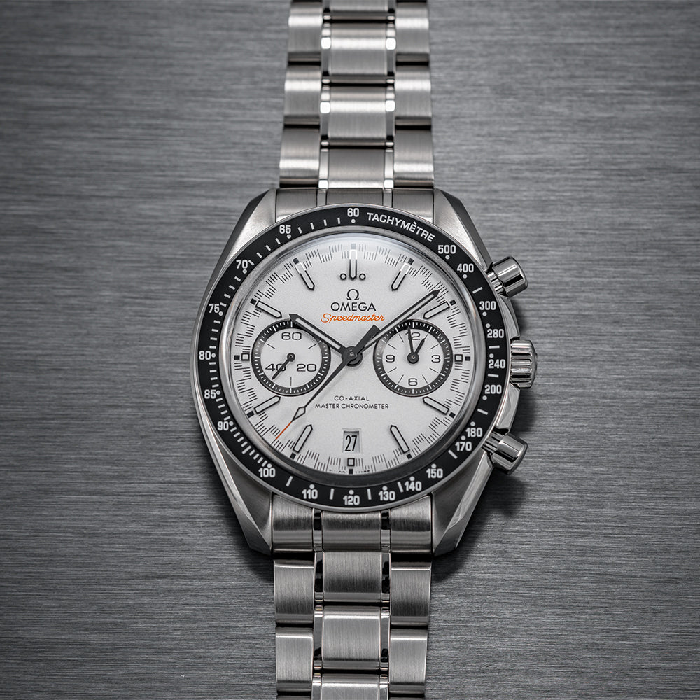 Omega Speedmaster Racing Co-Axial Master Chronometer Chronograph 44.25mm Men's Watch - White Dial on Stainless Steel Bracelet - Perfect for Racing Enthusiasts & Luxury Watch Collectors