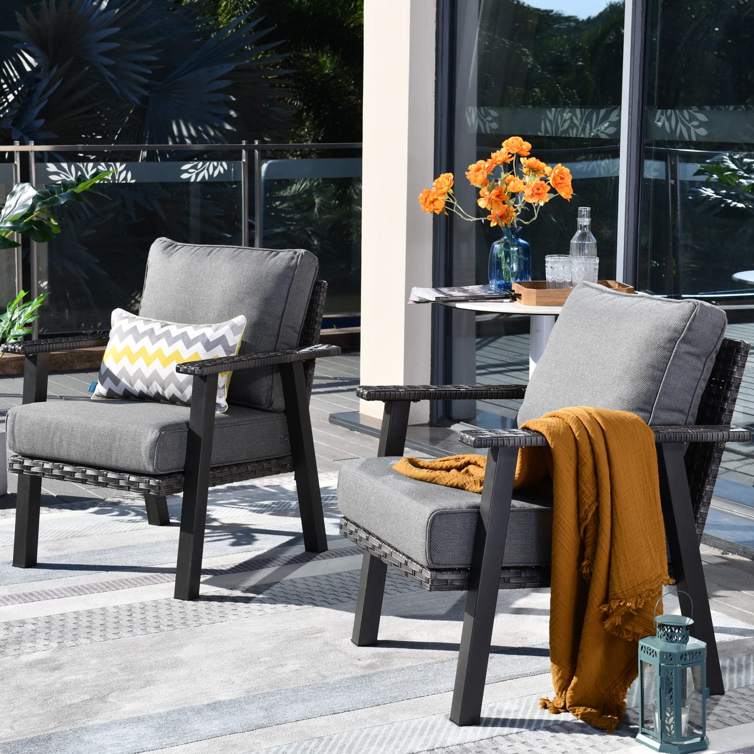 Ovios Patio Chairs Set of 2 - All-Weather Wicker Rattan Outdoor Chairs with Comfortable Cushions, High Back Single Sofa for Porch, Garden, Backyard & Deck - Dark Grey - Perfect for Relaxing, Lounging & Entertaining Guests Outdoors