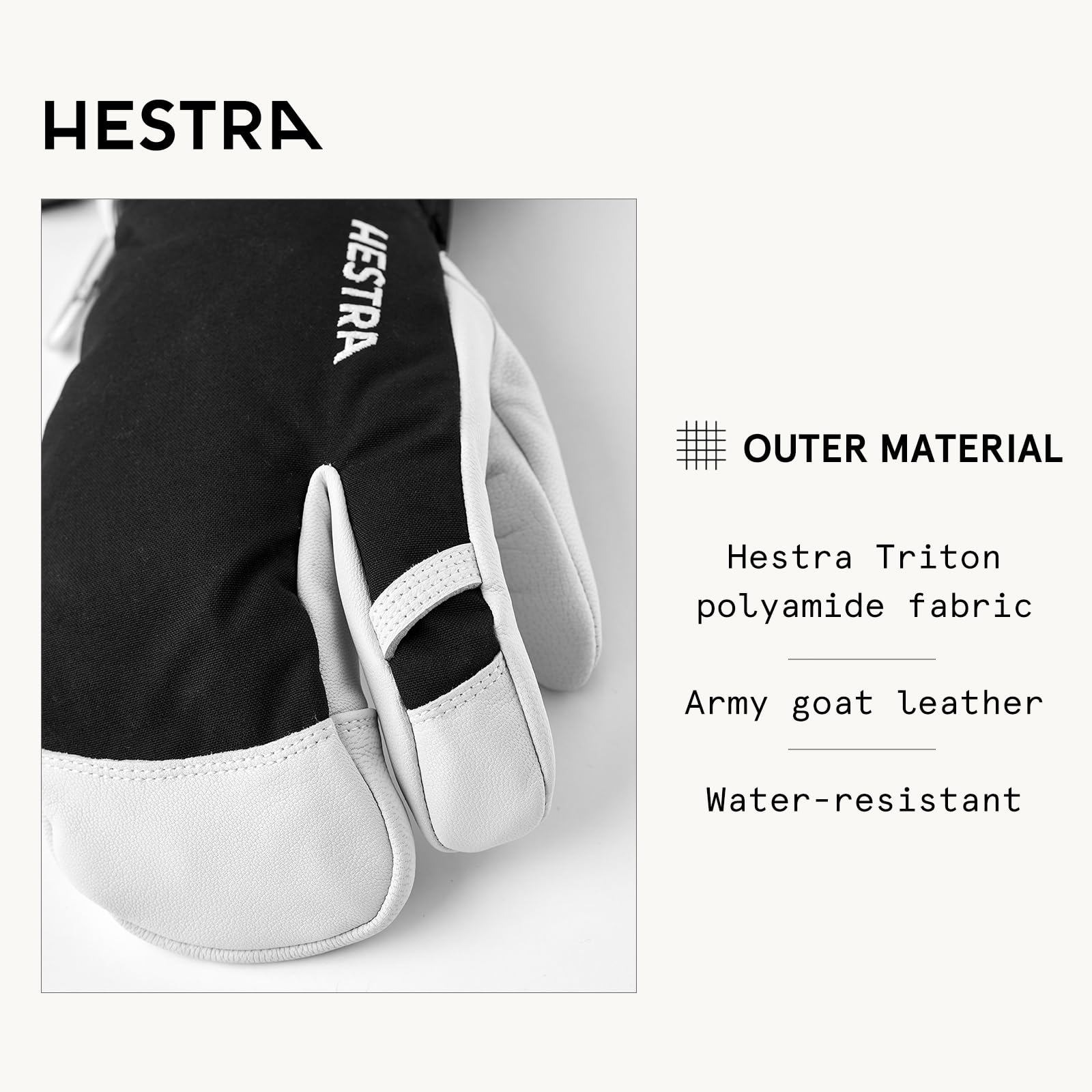 Hestra Unisex Army Leather Heli Ski Gloves - 3-Finger Waterproof Snow Gloves for Men & Women - Perfect for Skiing, Snowboarding & Winter Sports