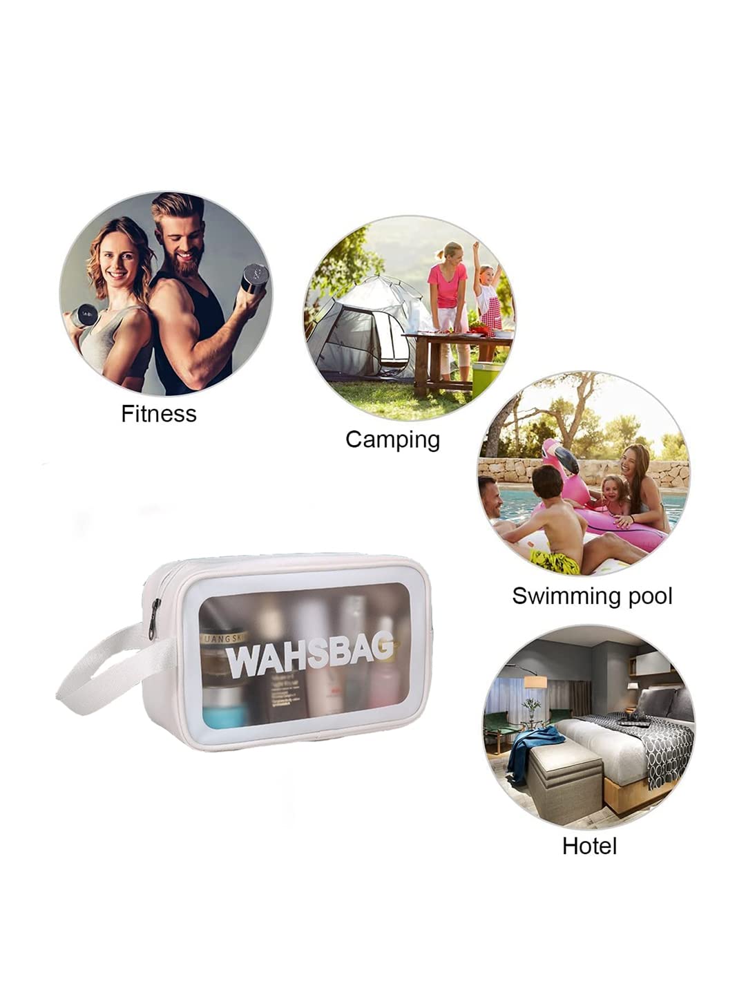 Amso Waterproof PVC Cosmetic Bag - Travel Makeup Organizer for Brushes & Toiletry Essentials, Portable Zippered Makeup Pouch for Women (White, Medium) | Perfect for Home, Gym, Vacation & Daily Use