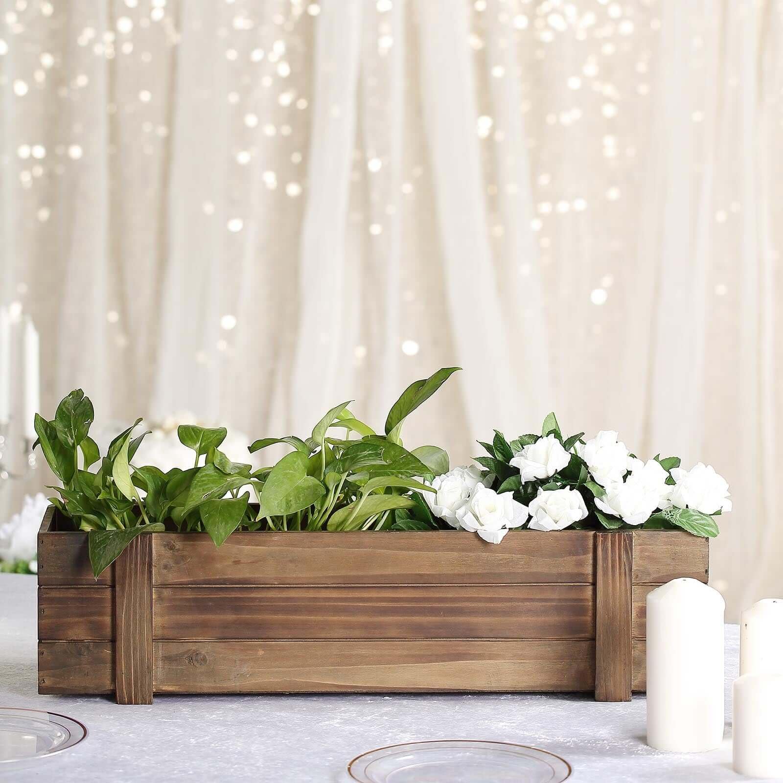 24x6'' Smoked Brown Rectangle Wood Planter Boxes with Plastic Liner - DIY Rustic Wooden Boxes for Wedding, Party & Home Decor - Perfect for Centerpieces, Table Decorations and Garden Planters