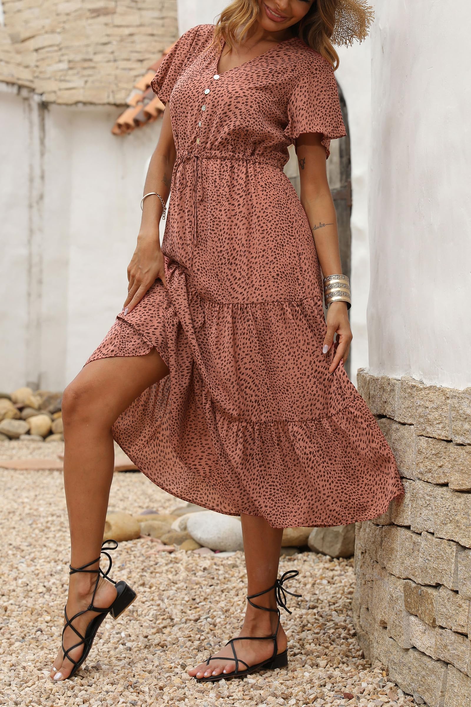 PRETTYGARDEN Women's Floral Maxi Dress - 2025 Summer Casual Short Sleeve V-Neck Tiered Boho Sundress | Perfect for Beach Vacations, Date Nights & Outdoor Parties