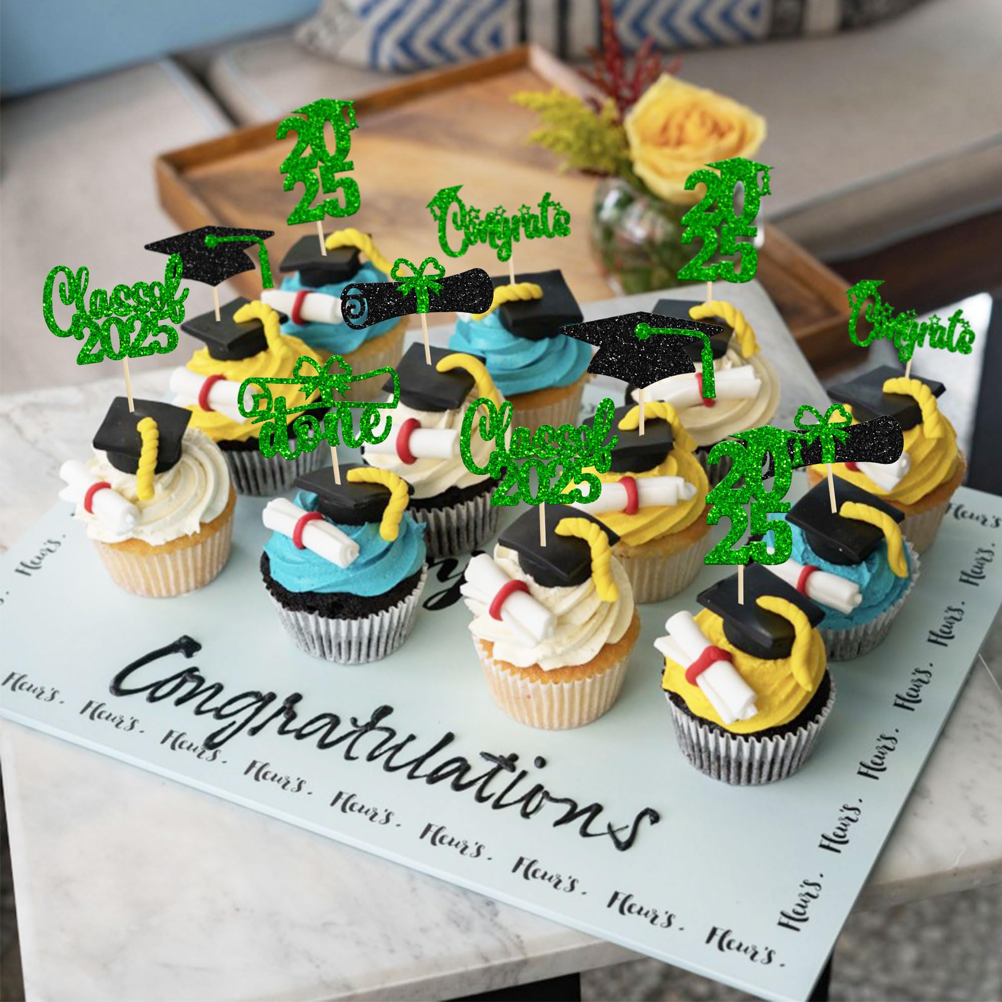 24 Pack Class of 2025 Graduation Cupcake Toppers - Glitter Congrats Grad Cap & Diploma Cake Decorations - Green Graduation Party Supplies for 2025 Theme Celebrations, School Parties & Commencement Cakes