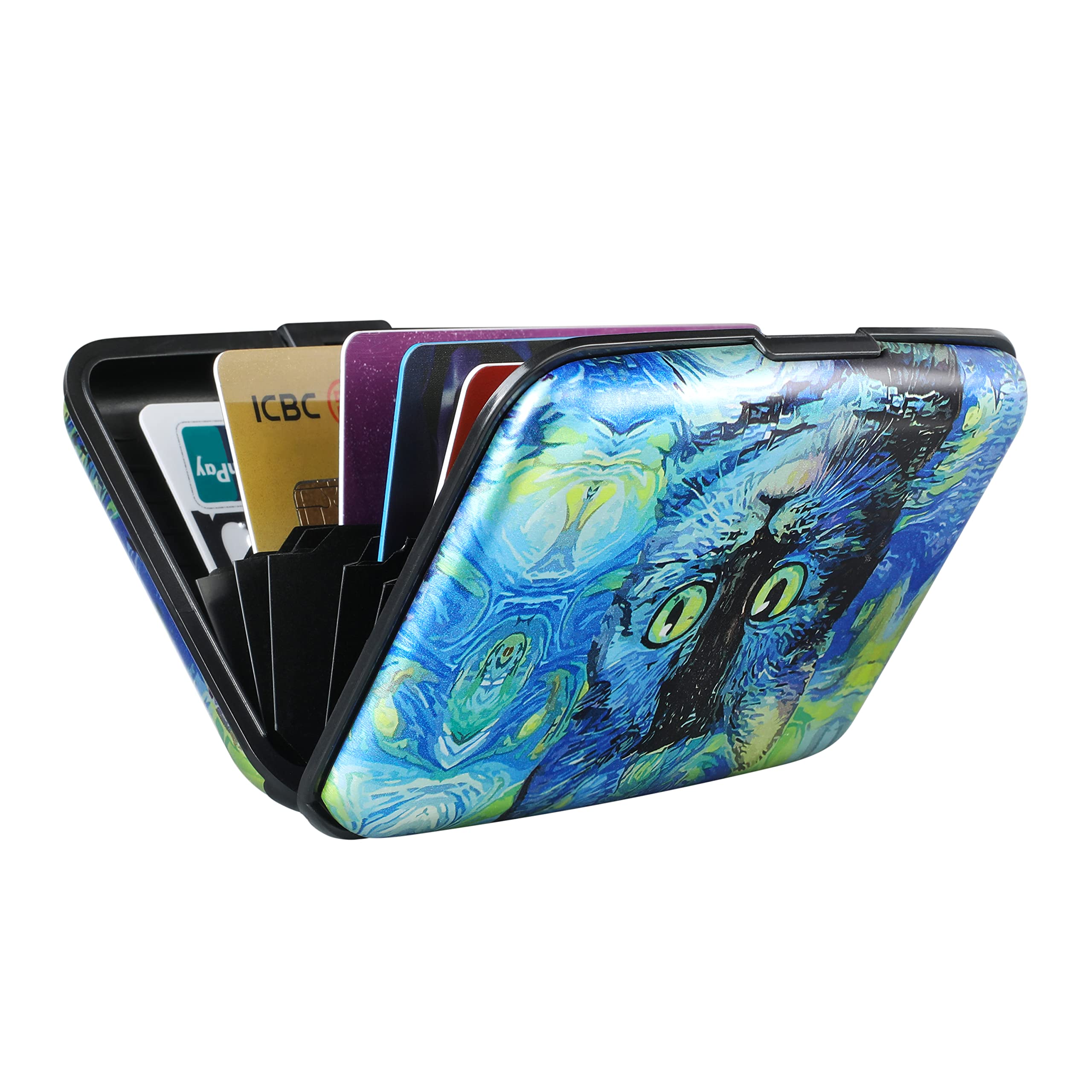 ELFISH Mini RFID Blocking Aluminum Wallet - Slim Credit Card Holder for Men & Women, Metal ID & Business Card Case (Blue Cat) - Perfect for Travel, Work & Everyday Use