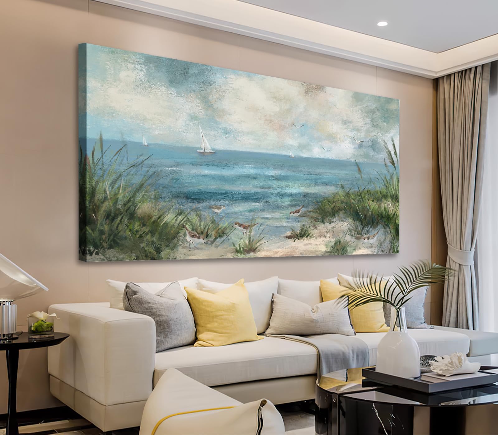 Vintage Seascape Canvas Wall Art - Ocean Sailboat & Sandpiper Beach Painting - 24