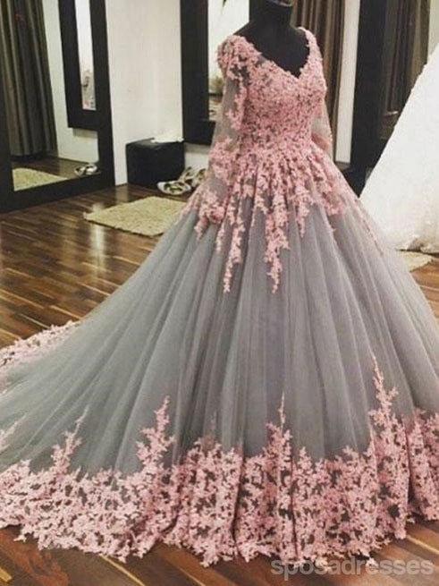 Elegant Long Sleeve V-Neck Pink Lace Prom Dress for Women - Custom Evening Gown for Formal Events, Weddings & Special Occasions