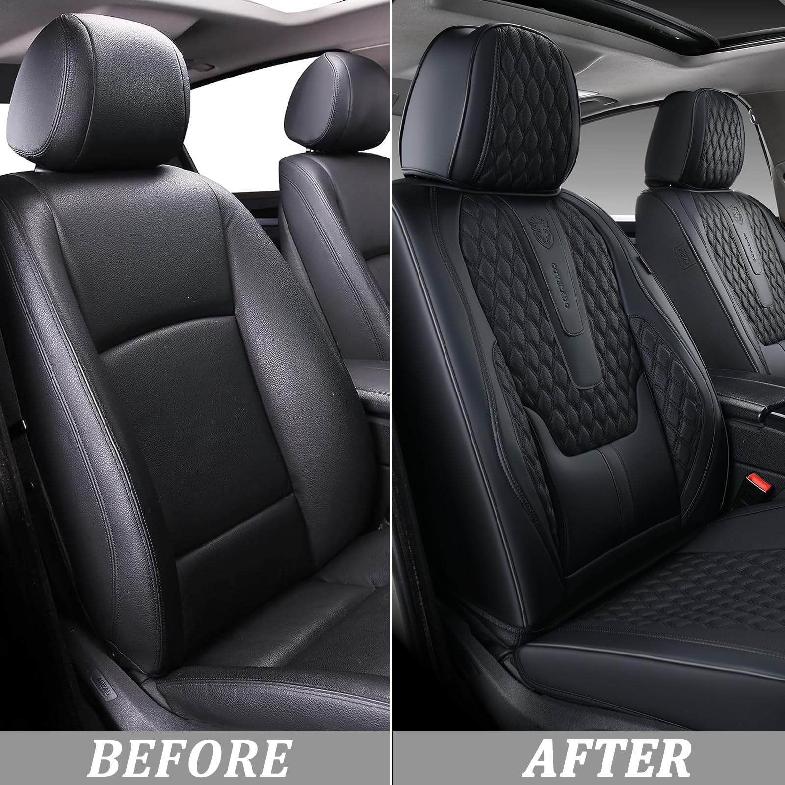 Premium Front Seat Covers for Cars - Universal Fit Nappa Leather Car Seat Protectors with Lumbar Support | Waterproof & Durable Auto Accessories for SUV, Truck, Sedan | Perfect for Daily Commute, Road Trips & Family Travel (Black, Front Seats)