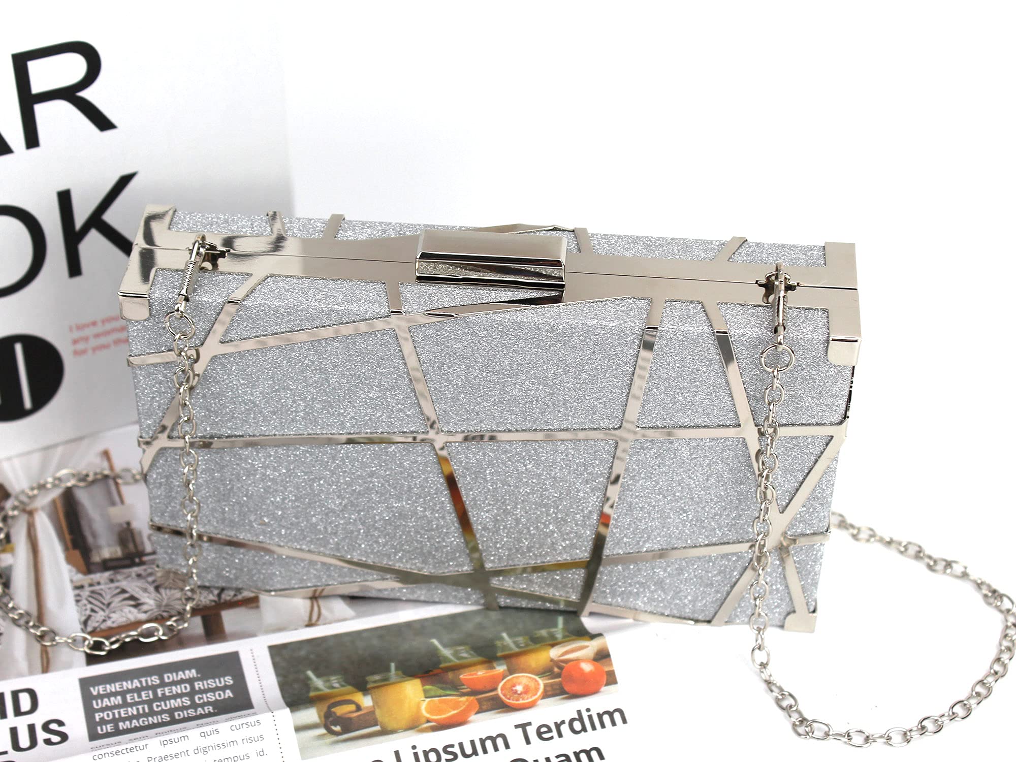 Reberomantic Women's Geometric Lattice Metal Chain Evening Clutch Purse - Elegant Handbag for Parties, Weddings & Special Occasions