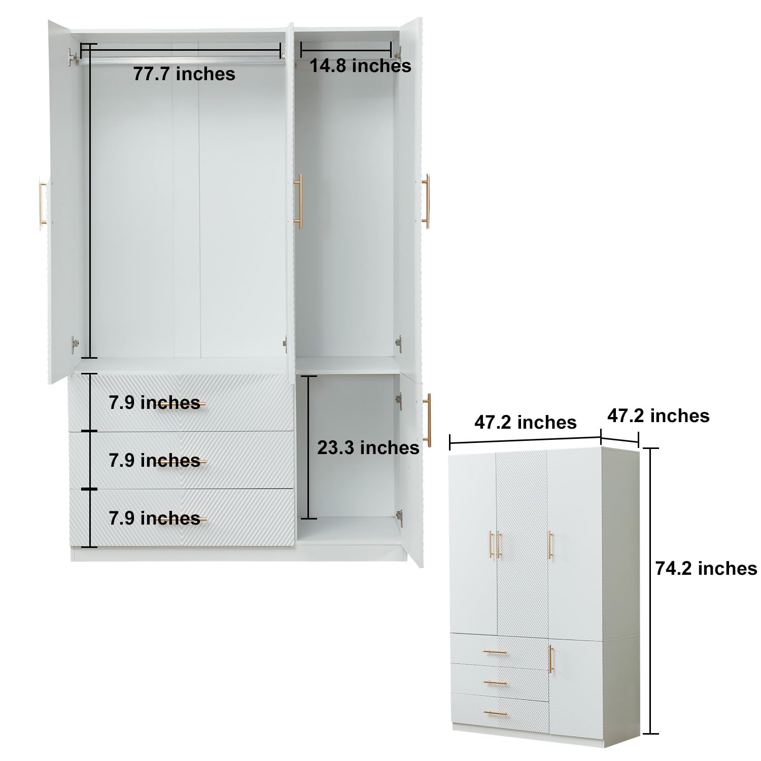 White Armoire Wardrobe Closet Cabinet - 3 Doors & 3 Drawers with Hanging Rod, Large Storage (47.3