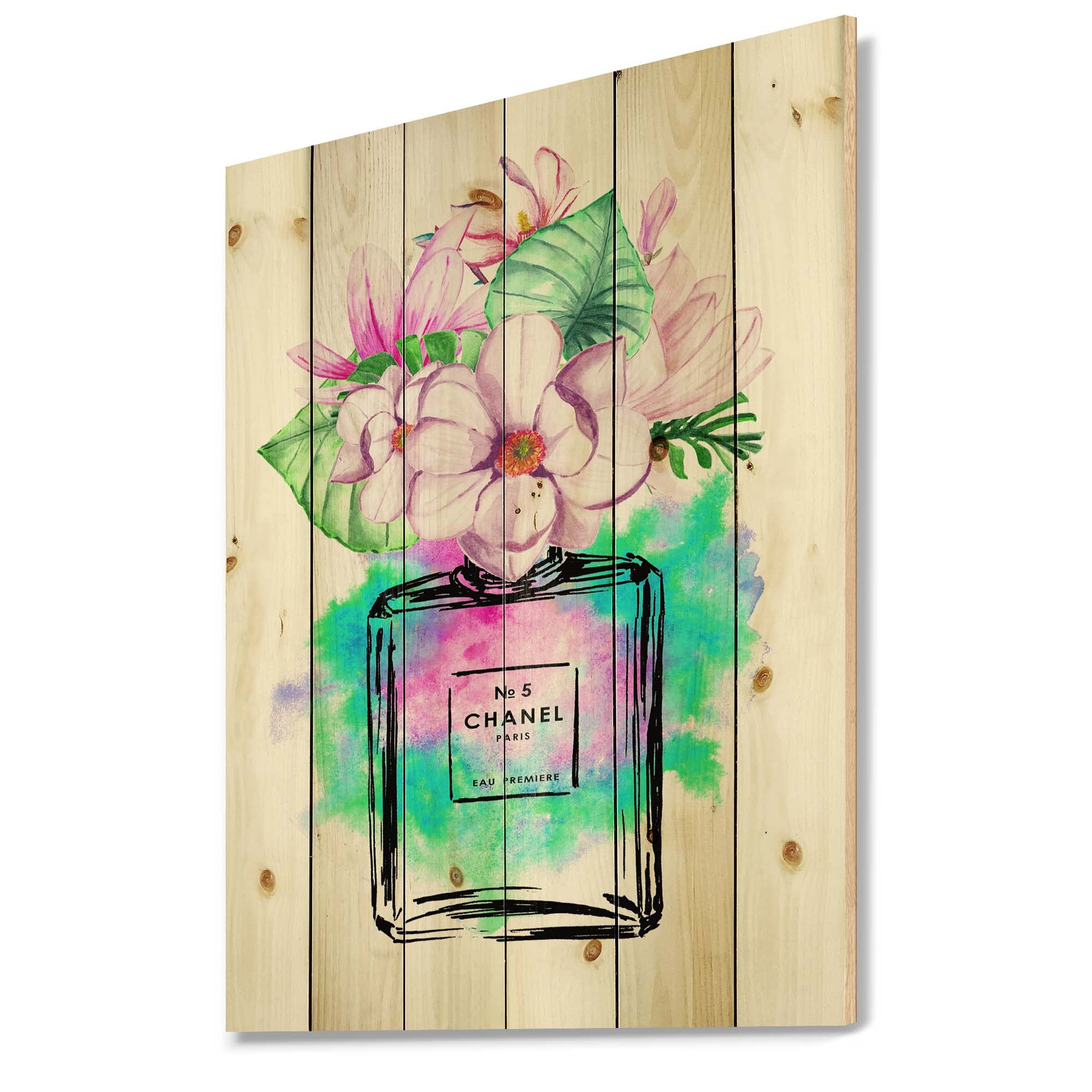 DesignQ Chanel No.5 Inspired Perfume Wood Wall Art - Modern Pink Floral Decor, Large Pine Wood Wall Panel for Living Room, Bedroom & Office