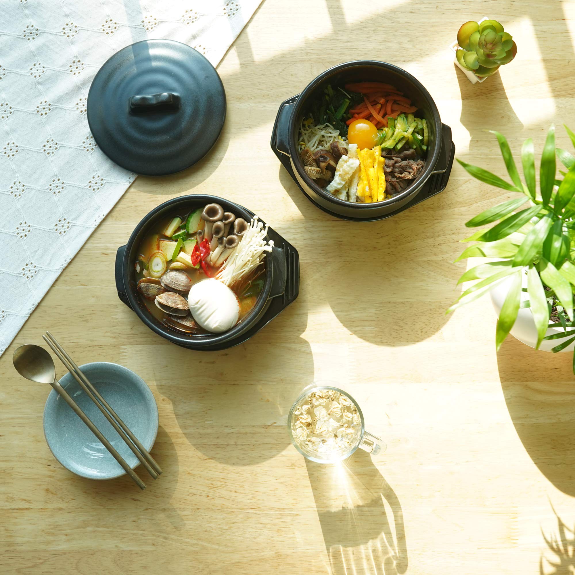 Premium Korean Stone Bowl with Lid & Platter - Authentic Clay Pot for Cooking Hot Pot, Dolsot Bibimbap, Soup & Stews | Traditional Korean Cookware for Home & Restaurant Use