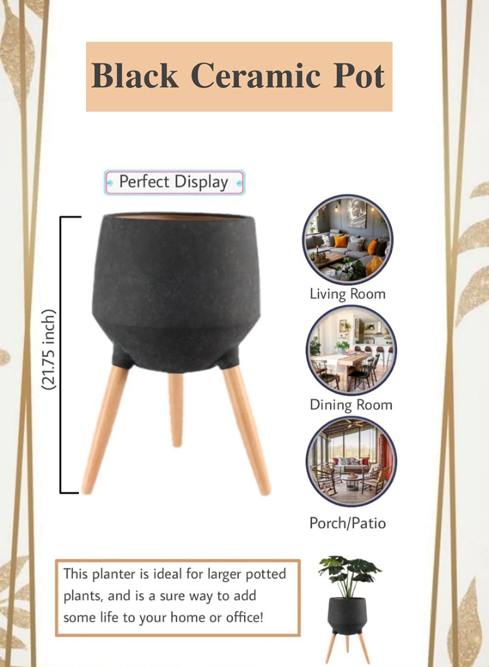 Serene Spaces Black Ceramic Plant Stand with Beech Wood Legs - 21.75