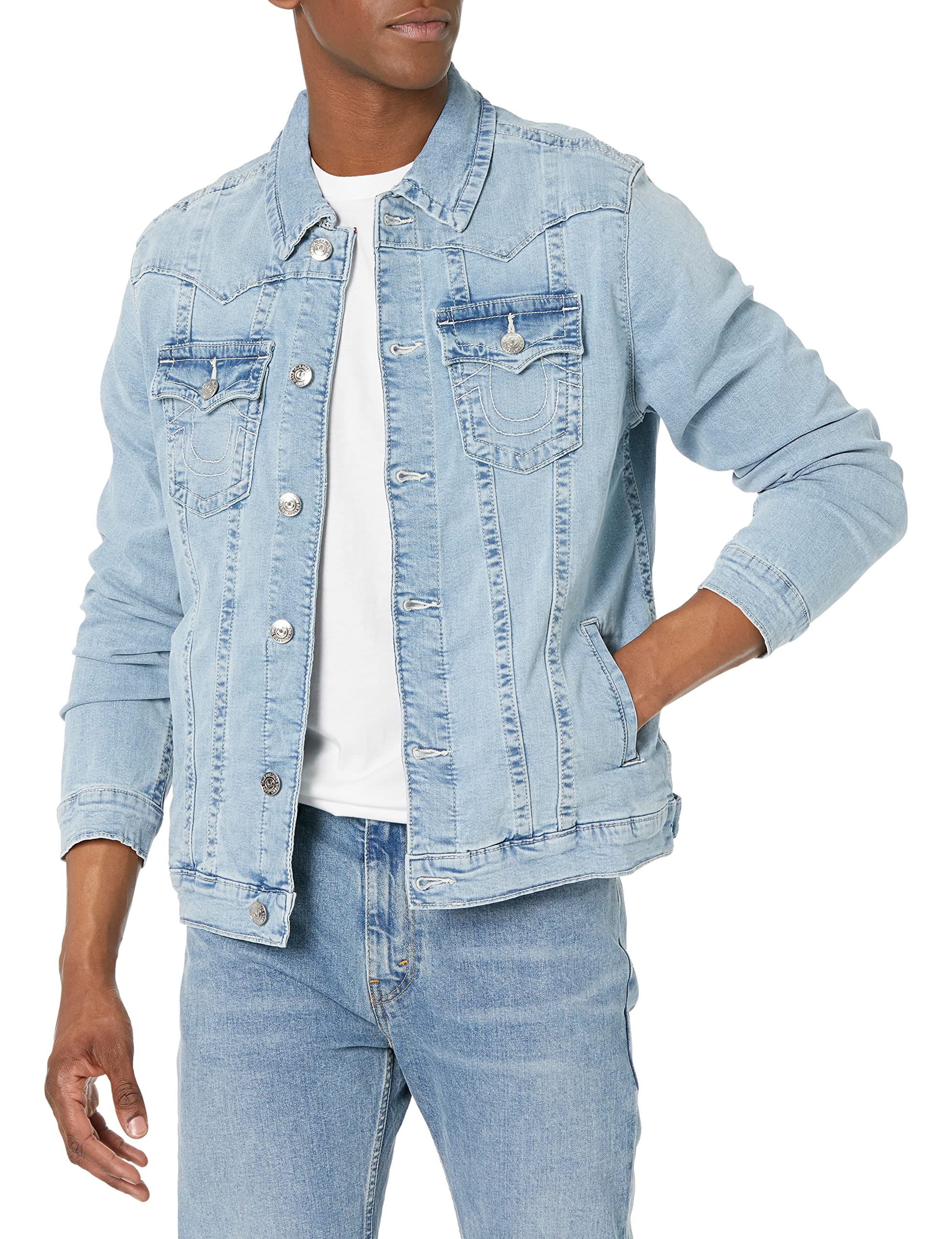 True Religion Men's Jimmy Single Needle Denim Jacket - Classic Blue Distressed Denim Jacket for Men | Slim Fit Trucker Style | Casual & Streetwear Outfits | Perfect for Layering, Date Nights & Urban Fashion