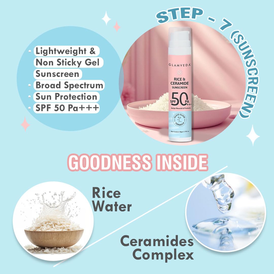 Glamveda Korean Rice & Ceramide 7-Step Skincare Set for Women - Face Wash, Peel Off Mask, Toner, Serum, Eye Cream, Moisturizer & Sunscreen with Gift Box | Hydrating & Anti-Aging Routine for Dry & Sensitive Skin | Perfect for Daily & Nighttime Skincare Regimen