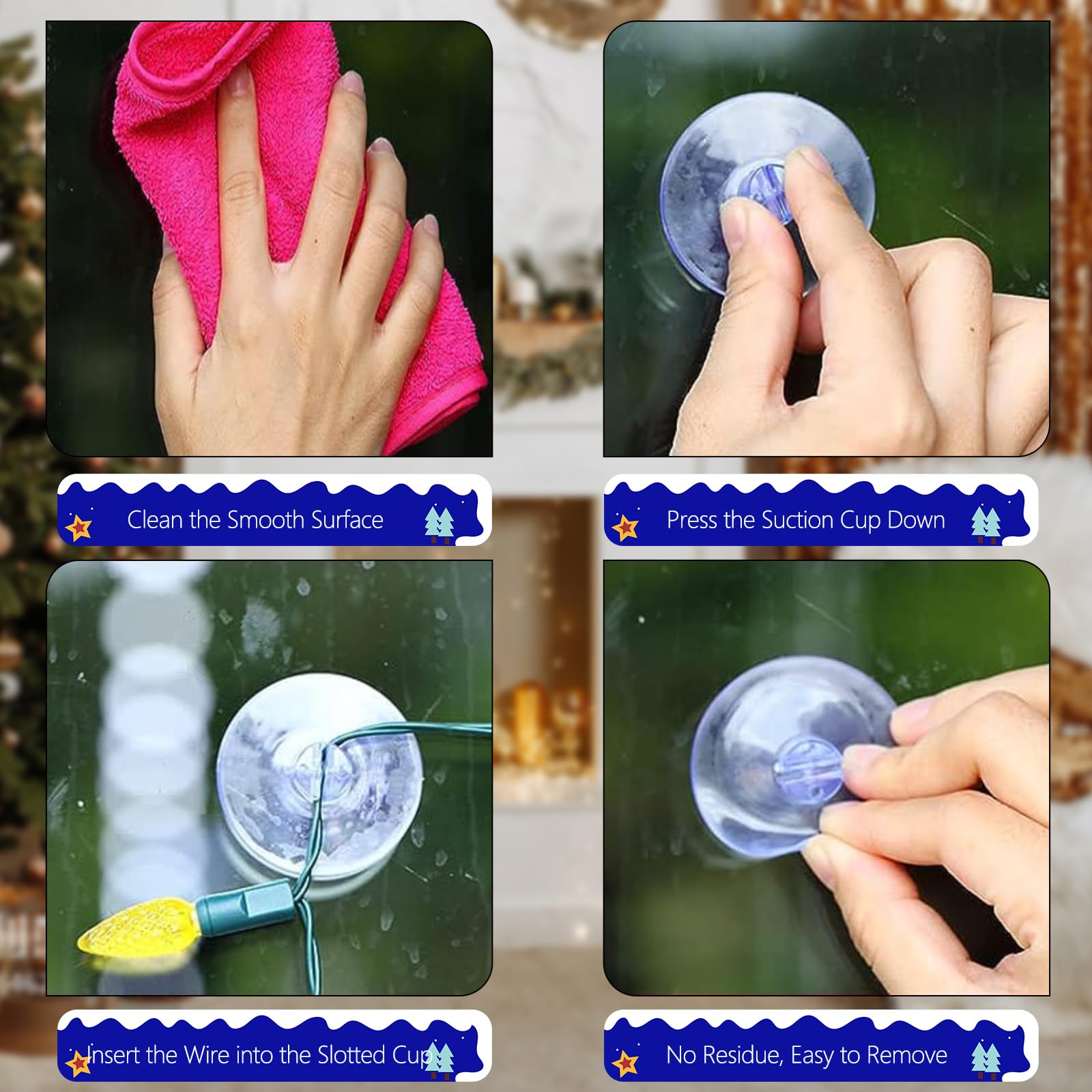 100 Pcs Christmas Light Suction Cups - Heavy Duty Window Glass Hooks for Holiday String Lights & Xmas Decorations - Perfect for Indoor/Outdoor Seasonal Lighting, Home & Party Decoration