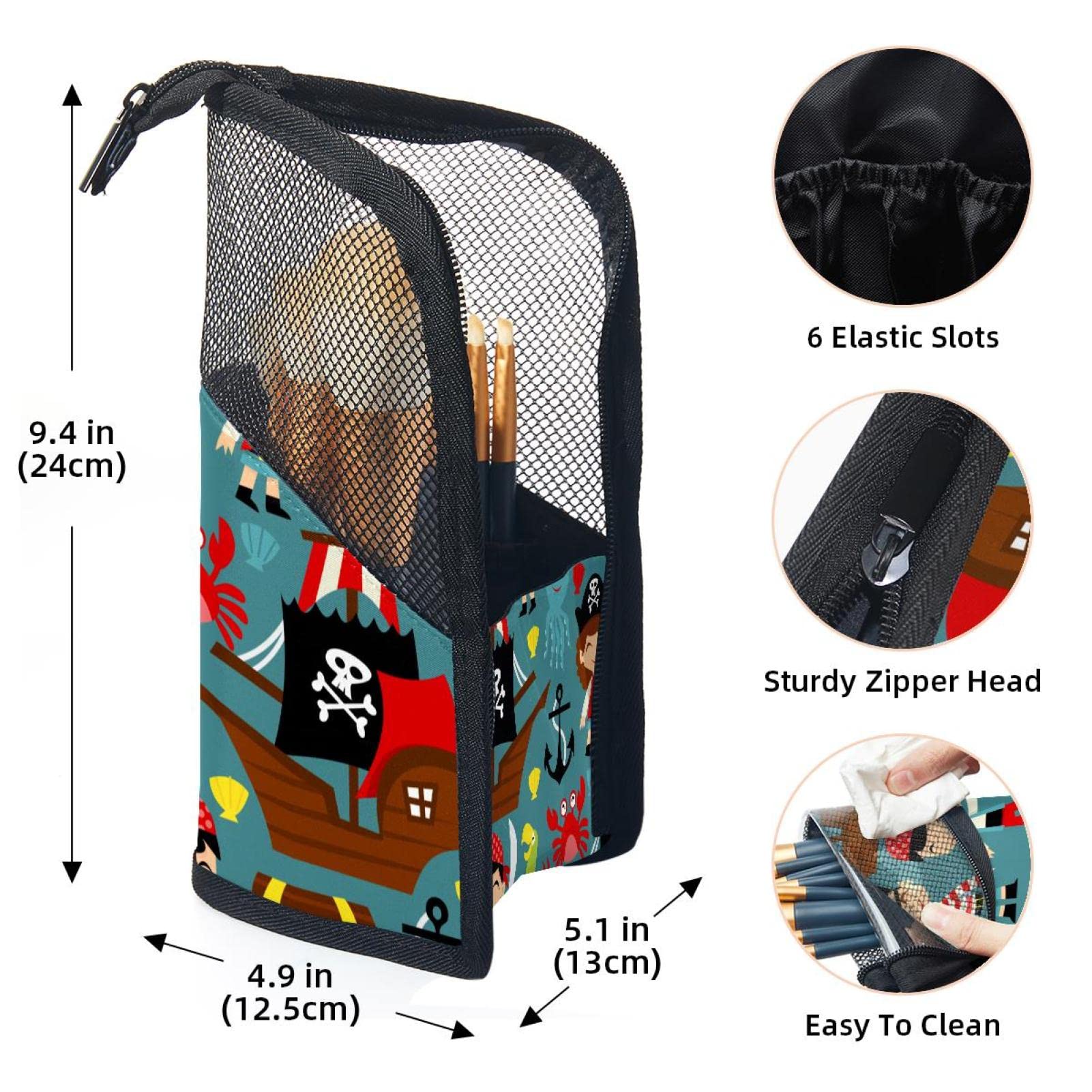 Cartoon Pirate Ocean Theme Makeup Brush Organizer Bag - 12 Slot Portable Makeup Brush Holder Case for Travel, Home & Professional Makeup Artists