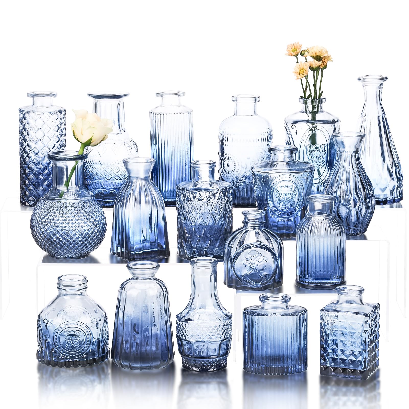 Fixwal Set of 18 Blue Bud Vases for Flowers - Vintage Clear Glass Vases for Centerpieces, Home Table Decor, Rustic Wedding Decorations - Perfect for Weddings, Parties, and Home Decoration