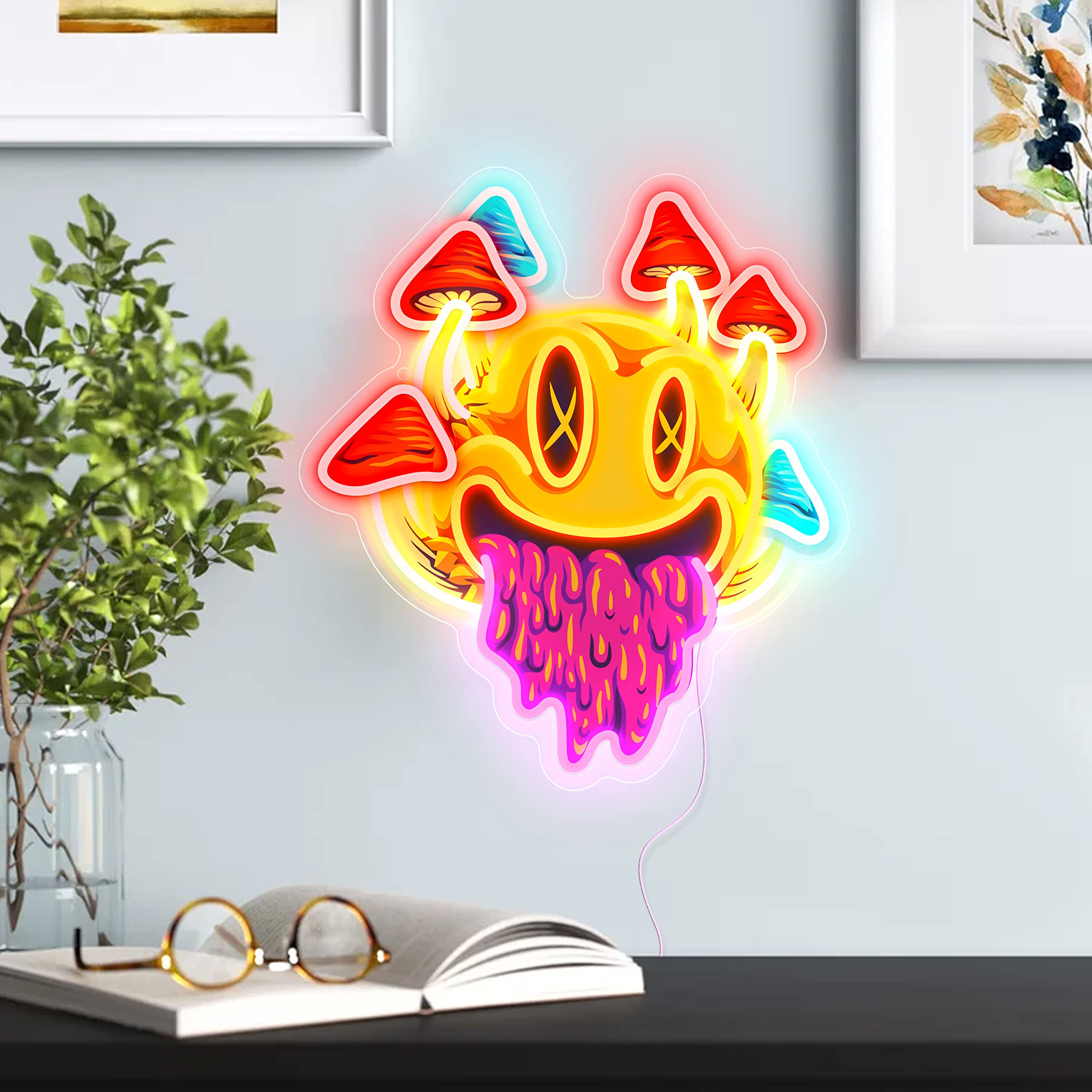 GGK Smiling Mushroom Neon Sign - Unique Trippy Mushroom Wall Decor, Aesthetic Room Lighting for Halloween Parties, Bedroom, Bar, Game Room & Man Cave - Perfect for Psychedelic Themed Spaces & Gift Ideas