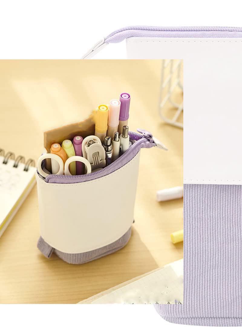 Retractable PU Corduroy Pencil Case - Expandable Stand-Up Pen Holder & Stationery Organizer for School, Office, Travel (Blue) - Perfect for Students, Professionals & Holiday Gifts