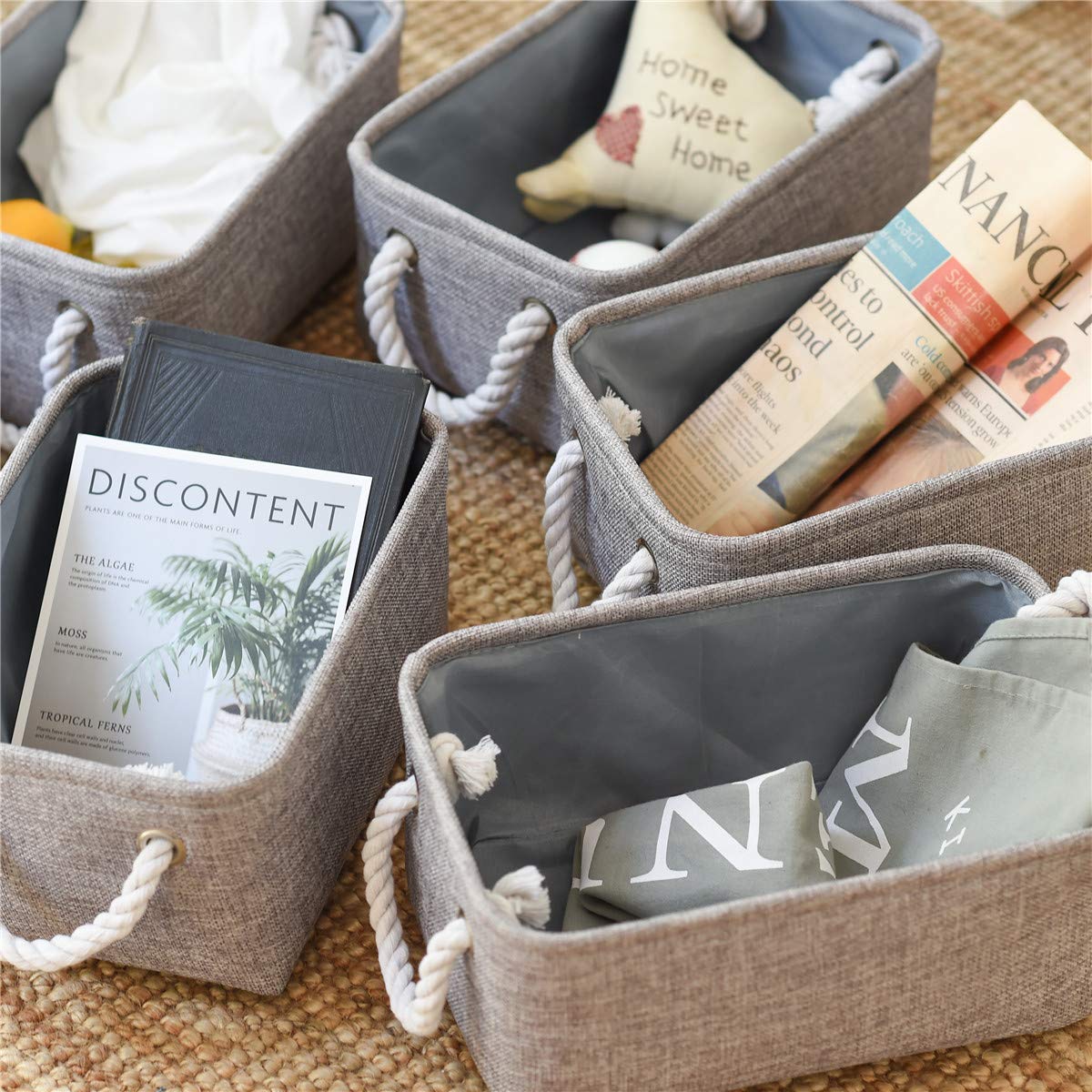 6-Pack Gray Fabric Storage Baskets with Handles - 12x8x5 Inches Small Organizing Bins for Home, Gifts & Dog Toys | Decorative Home Organization Solutions for Bedroom, Bathroom & Nursery