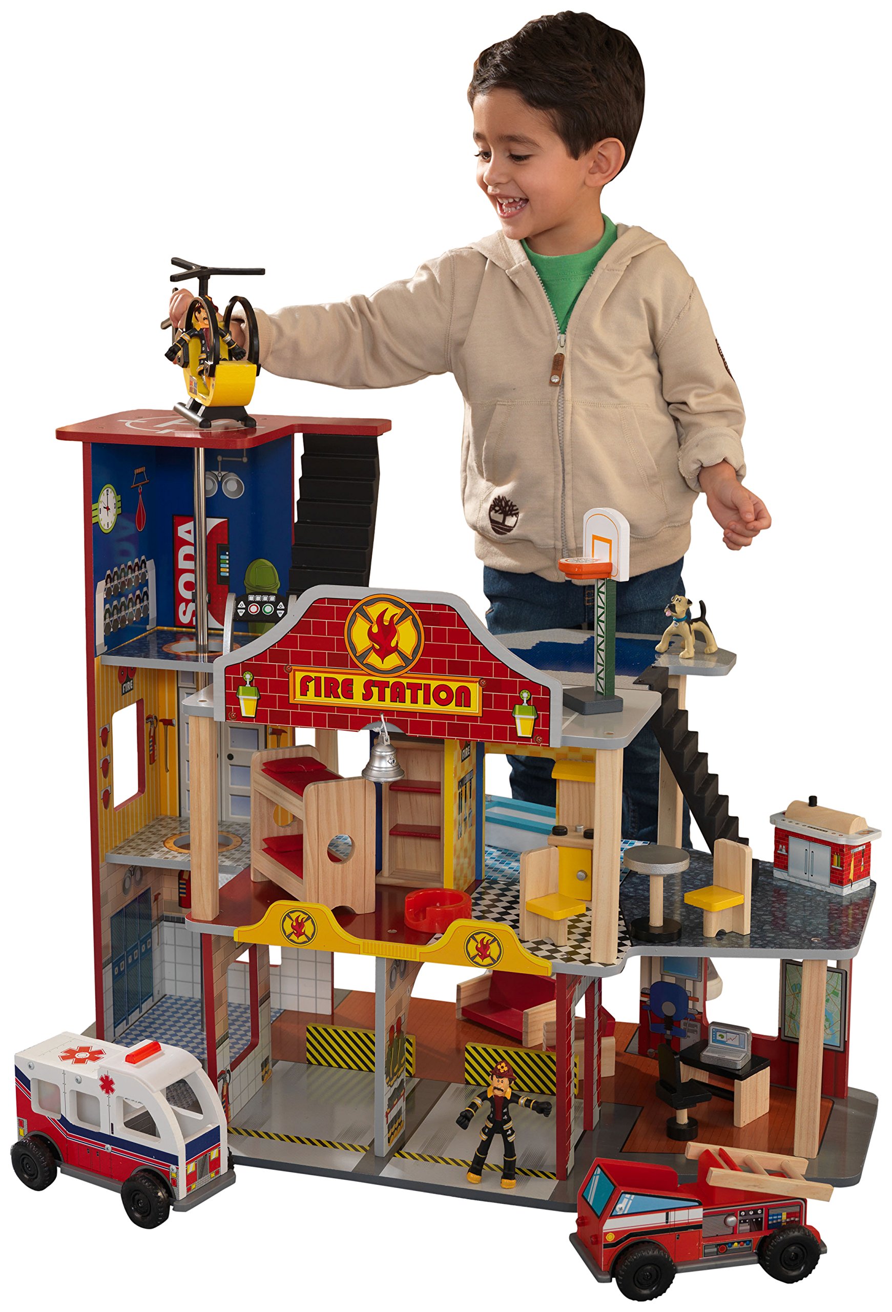 KidKraft Deluxe Wooden Fire Rescue Play Set with Ambulance, Fire Truck, Helicopter & Firefighters – 27-Piece Pretend Play Toy for Kids Ages 3+ | Perfect for Imaginative Play, Birthday Gifts & Preschool Learning Activities