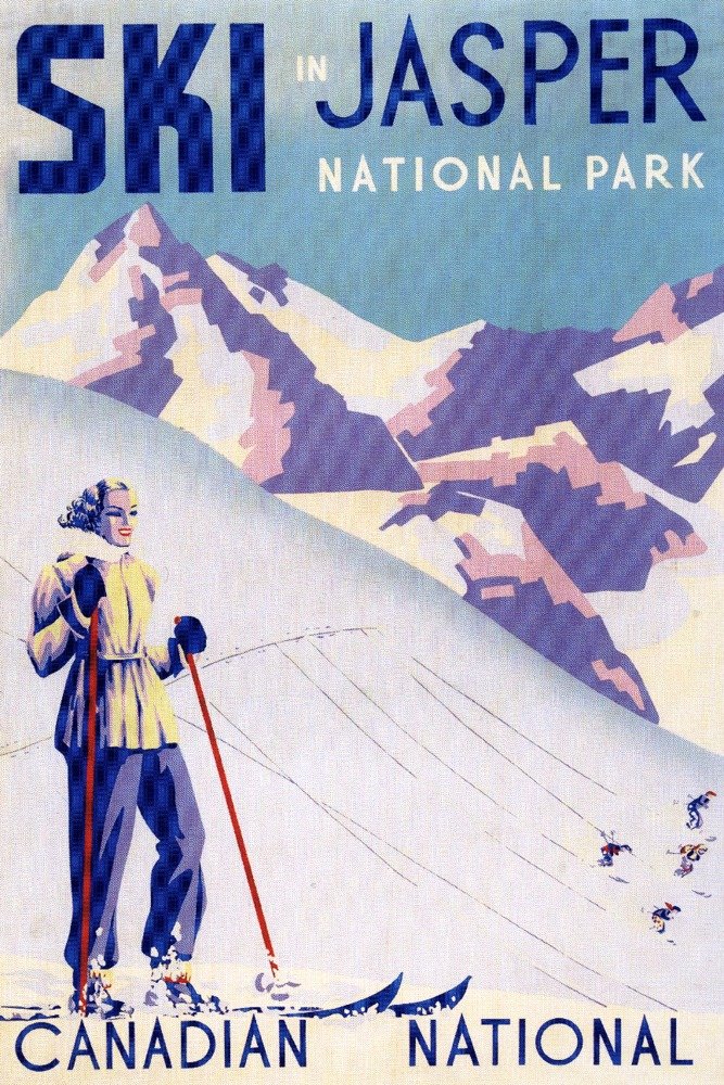 Vintage Canada Jasper National Park Skiing Travel Poster - 24x36 Gallery Quality Metal Art Print, Aluminum Wall Decor for Home, Office & Cabin