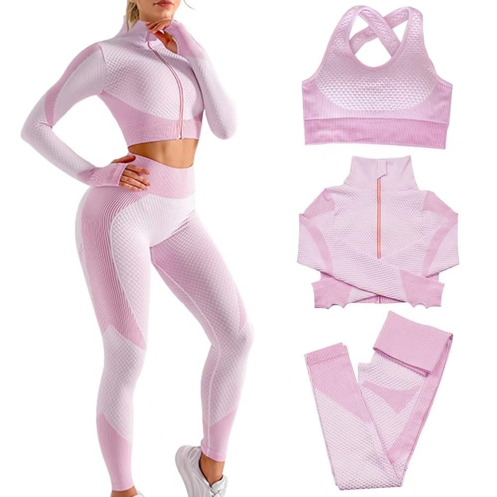 Women's 3-Piece Seamless Workout Set - Yoga Sports Bra, Leggings & Tracksuit for Fitness, Running & Gym | Moisture-Wicking Activewear for Yoga, Pilates & Home Workouts