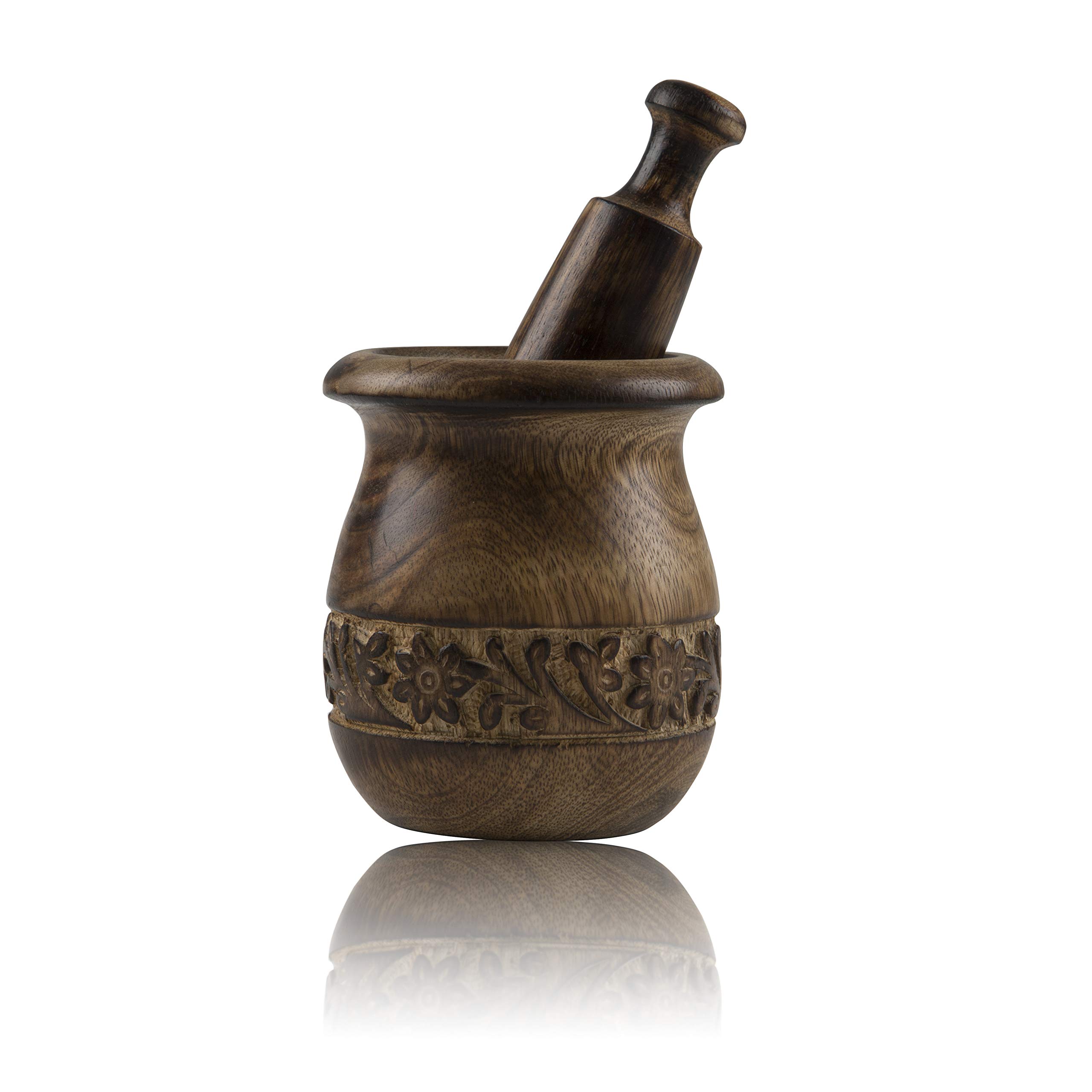 Handmade Wooden Mortar & Pestle Set - Natural Rustic Herb Grinder, Spice Mixer & Masala Bowl - Manual Kharal for Crushing Seasonings, Pills & Herbs - Perfect Kitchen Utensil for Cooking, Ayurveda & Home Apothecary - Great Housewarming Gift & Birthday Present for Food Lovers
