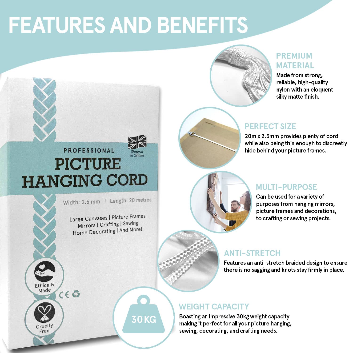 Smith’s® Extra Strong Picture Hanging Cord (20m x 2.5mm) - 30kg Heavy Duty Braided Rope with Matte Finish - Ideal for Hanging Pictures, Mirrors, Paintings & Wall Decor - Perfect for Home, Office & DIY Craft Projects
