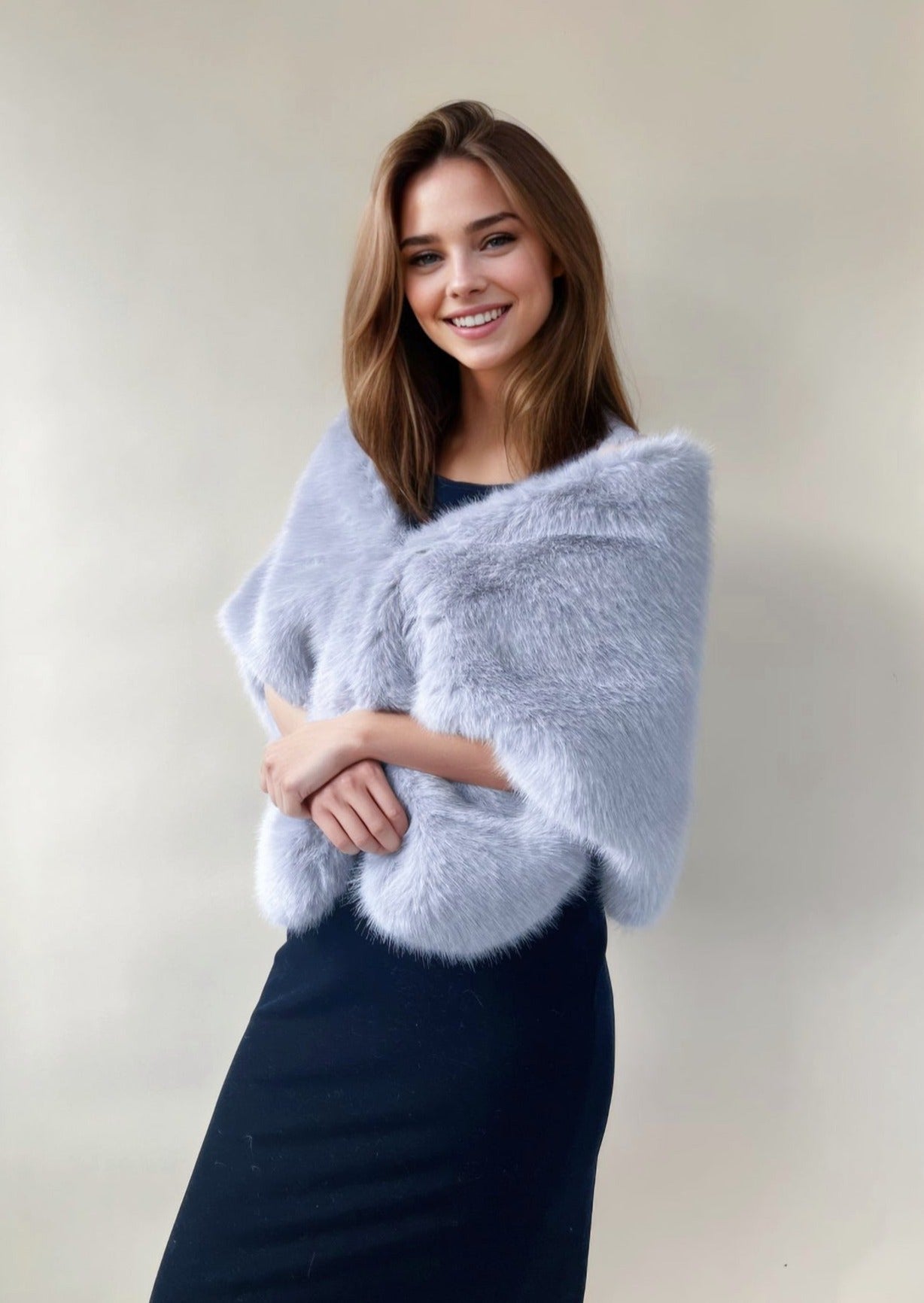Grey Faux Fur Shawl with Hooks & Eyes - Butterfly Gry07 Style | Elegant Winter Wrap for Women | Perfect for Parties, Weddings & Cold Weather