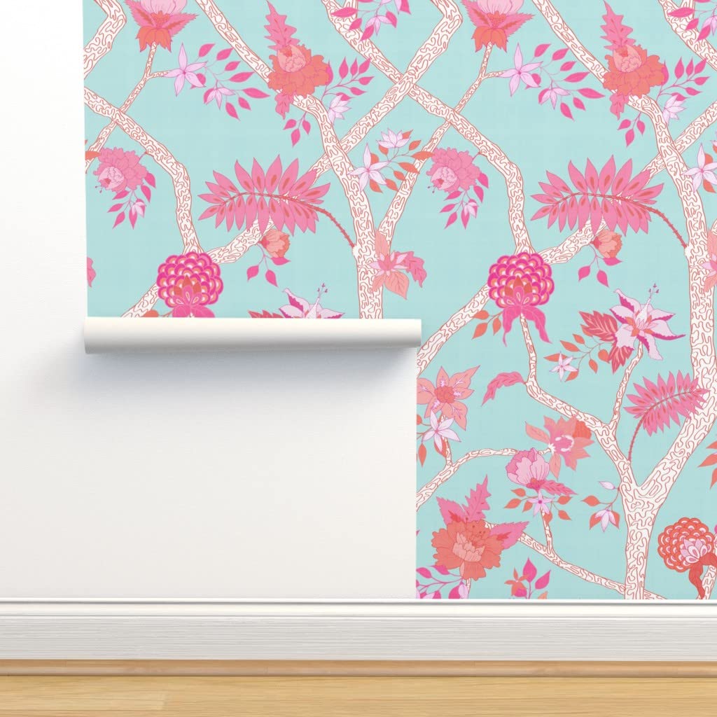 Commercial Grade Wallpaper Swatch - Bright Pastel Peony Chinoiserie Pink Orange Aqua Floral Palm Beach Traditional Wallpaper by Spoonflower | Perfect for Home Decor, Nursery, Bedroom & Living Room Accent Walls