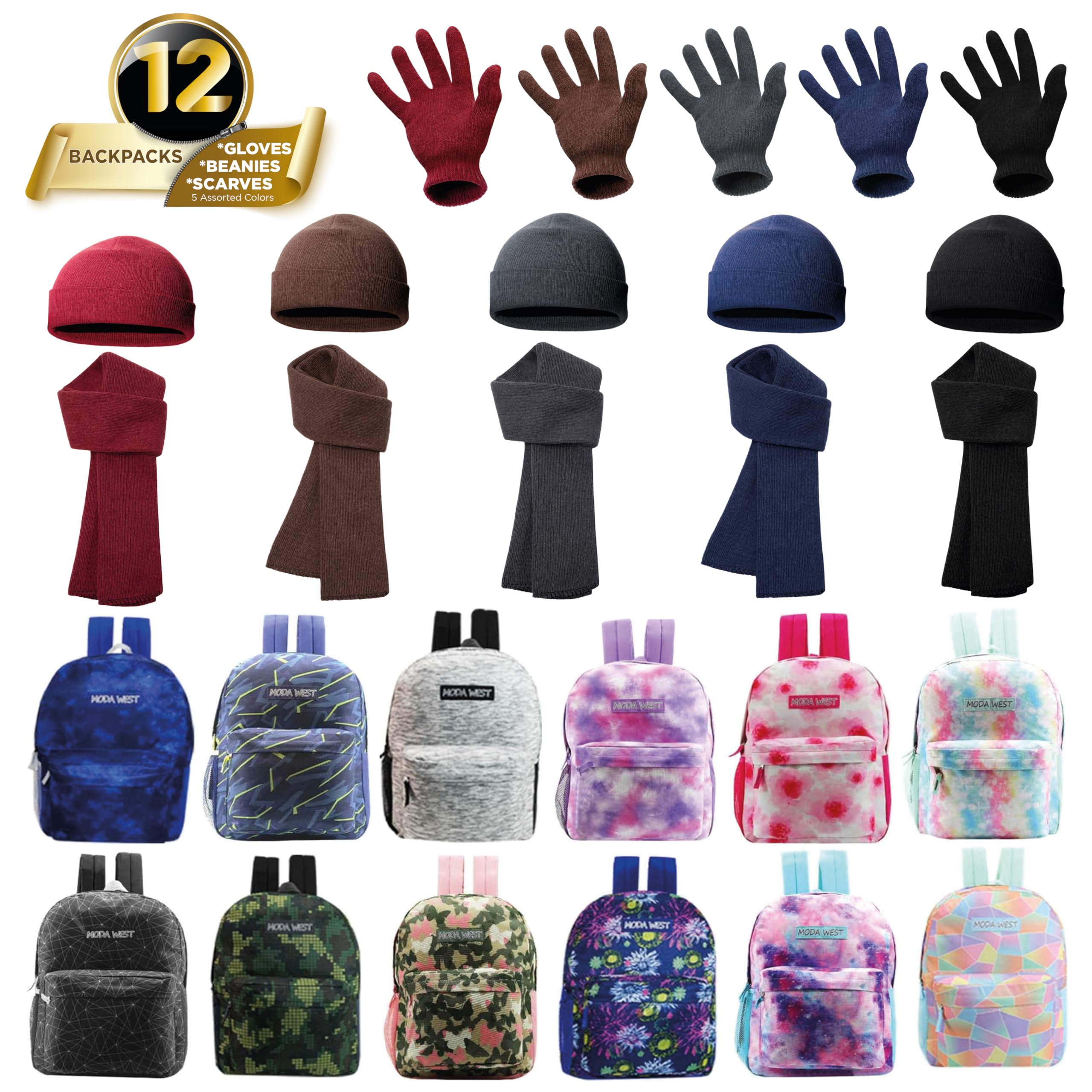 Wholesale Bulk Case of 12 Unisex Backpacks & 12 Winter Sets - Cold Weather Essentials for Emergency Kits, Homeless Shelters & Charity Donations - Perfect for Winter Survival, Outdoor Activities & Community Aid Programs