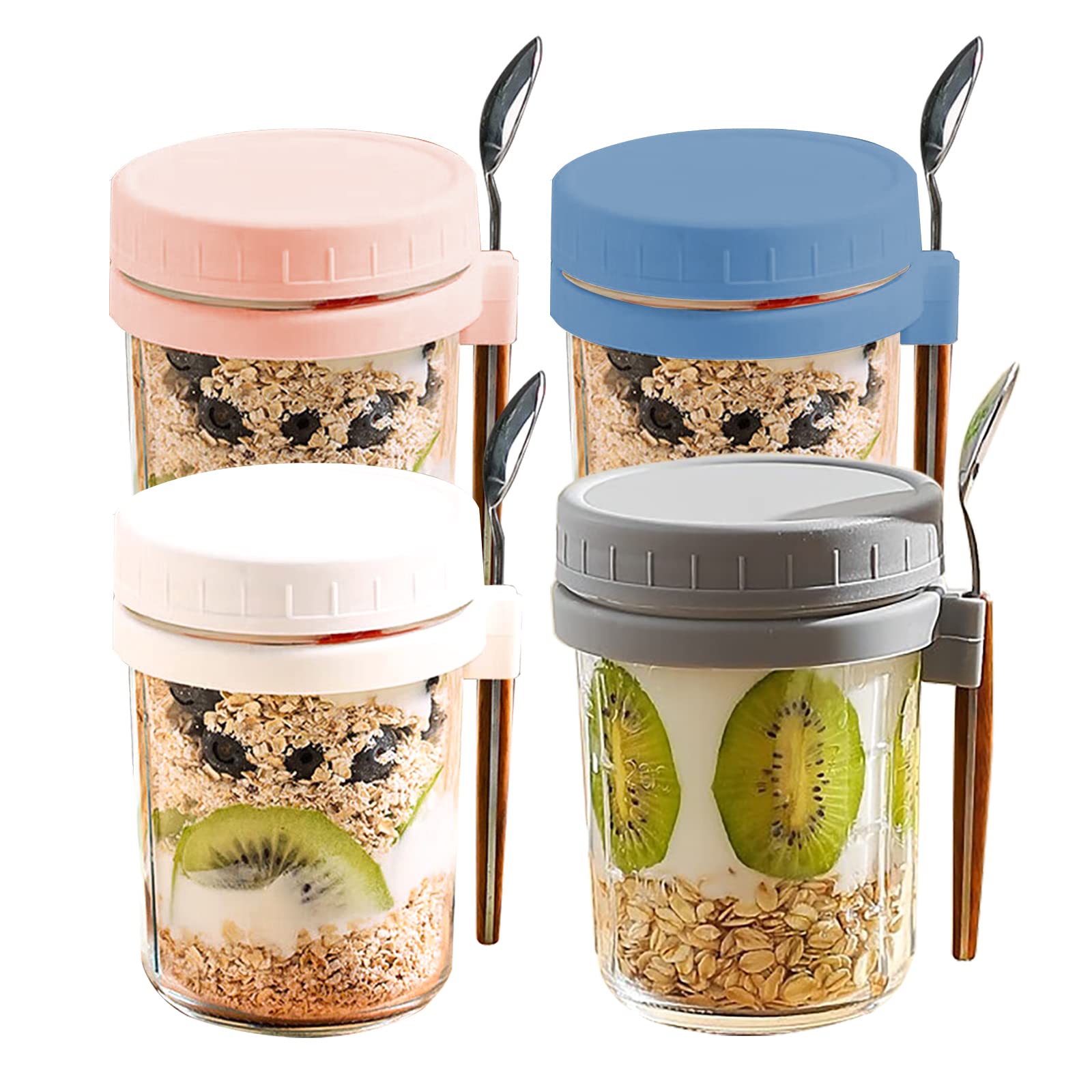 EthCat 4 Pack 12oz Overnight Oats Jars with Lids & Spoons - Reusable Mason Jars for Oats, Yogurt, Milk, Cereal & Fruit - Perfect for Meal Prep, Breakfast, Office & Gym
