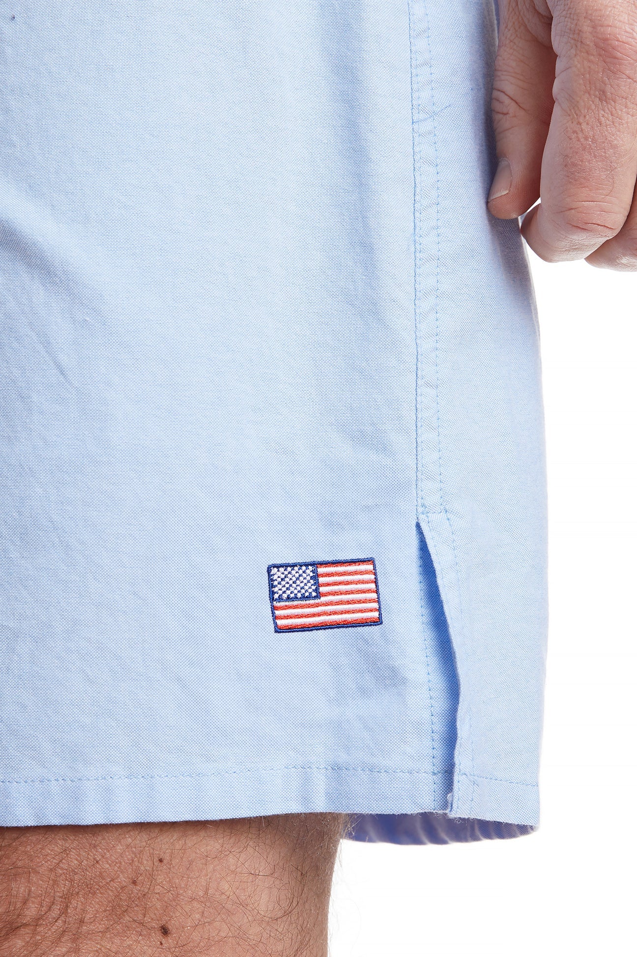 Barefoot Boxer Blue Oxford Shirt with Single American Flag - Comfortable Casual Wear for Men, Perfect for Patriotic Events, Outdoor Activities, and Everyday Style