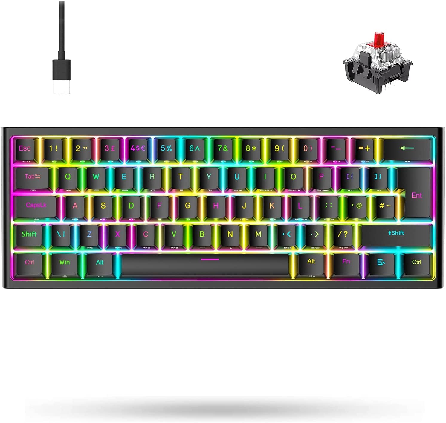 60% Mechanical Gaming Keyboard with RGB Backlit - Ultra-Compact 61 Key Mini Keyboard, Ergonomic Design, Anti-Ghosting, Metal Plate, Wired Type-C USB, Waterproof - Perfect for Typists, Gamers, PC & Mac Users (Black/Red Switch) - Ideal for Office Work, Gaming Sessions & Programming