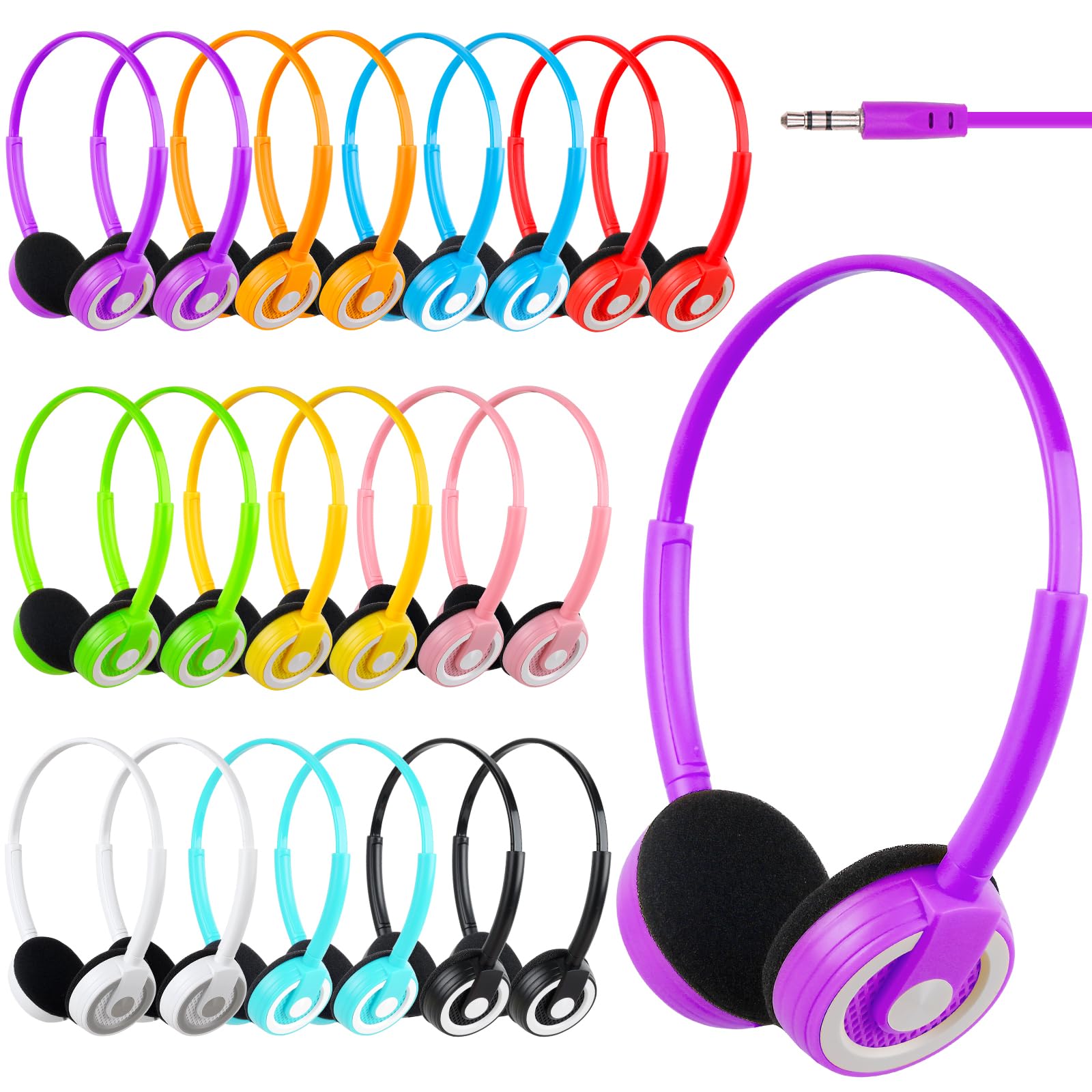 20 Pack Kids Headphones Bulk for Classroom - 3.5mm Jack Wired Headphones for School Students, Children & Teens (10 Mixed Colors) - Durable Headphones for Learning, Online Classes & Homeschooling